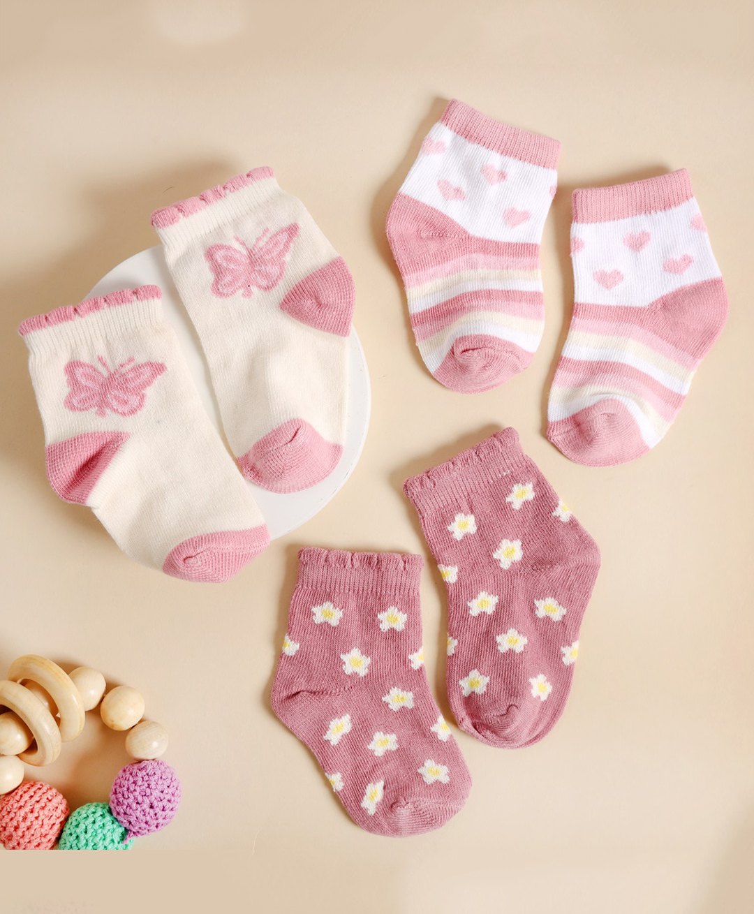 Kicks & Crawl Cotton Pack Of 3 Floral & Butterfly Printed Socks - Multi Colour-image-49