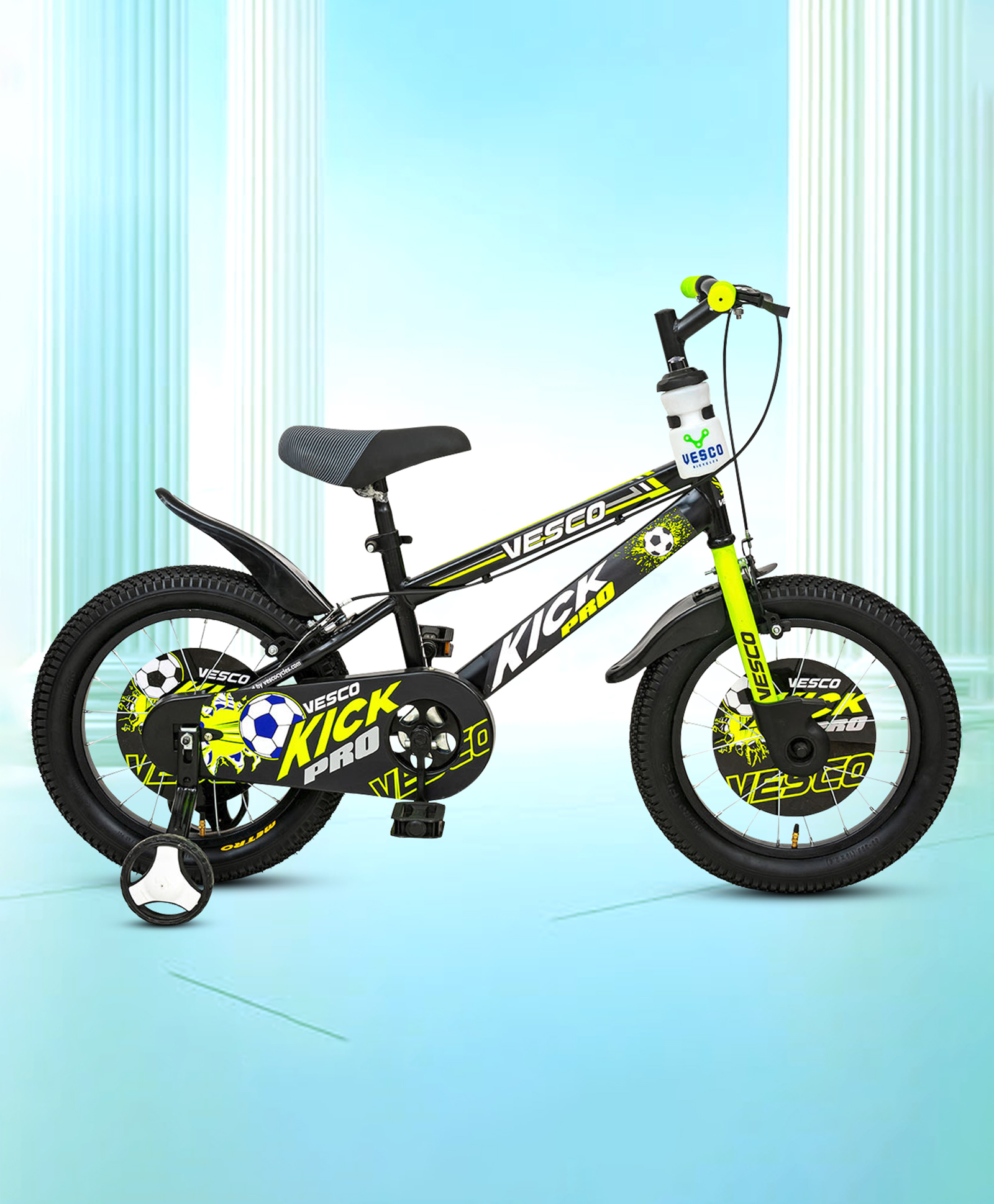 Vesco Kick Pro 16T Kids Cycle, Training Wheels, Water Bottle, 85% Installed (Green)