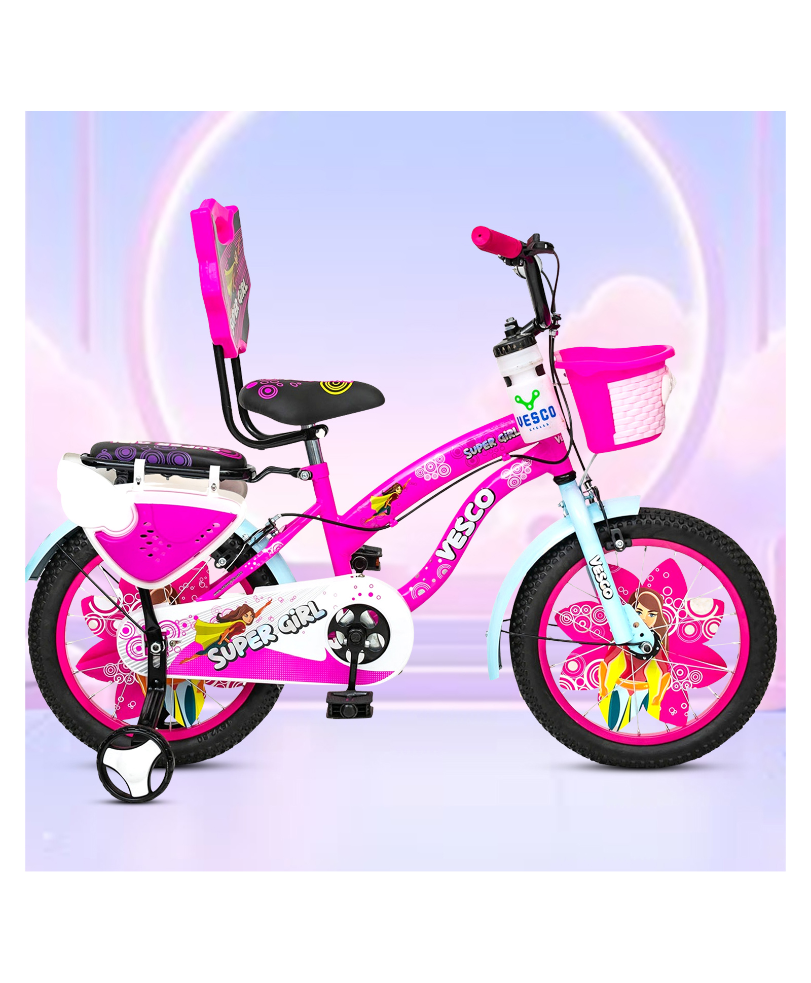 Vesco Super Girl 16 Inch Kids Bicycle for Girls - With Basket, Backrest & Training Wheels, Ideal Kids Bike - Pink