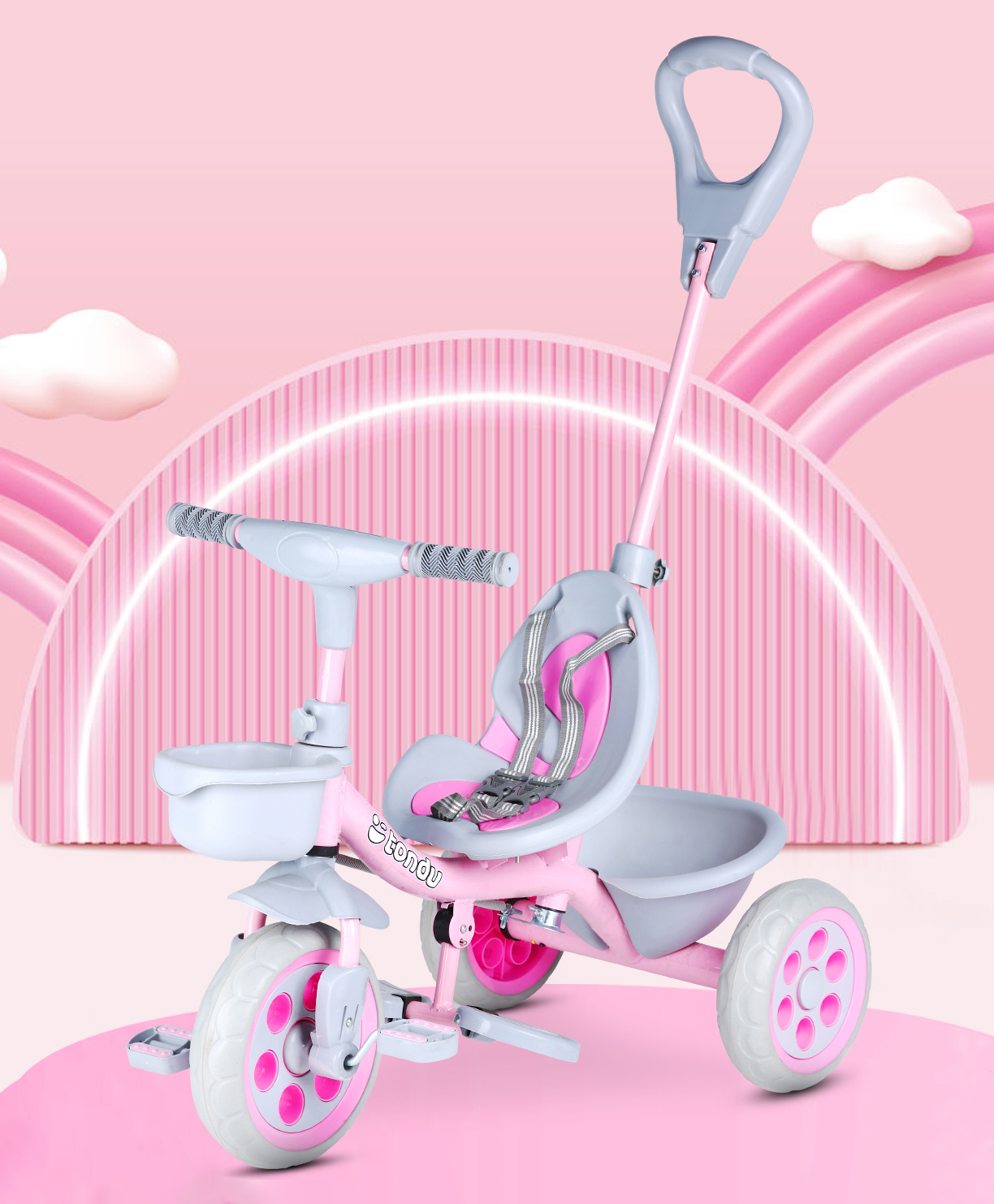 Tondu Kids Tricycle with Parental Control, Safety Belt, EVA Wheels & Storage - Toddler Trike (Pink)-picture-15