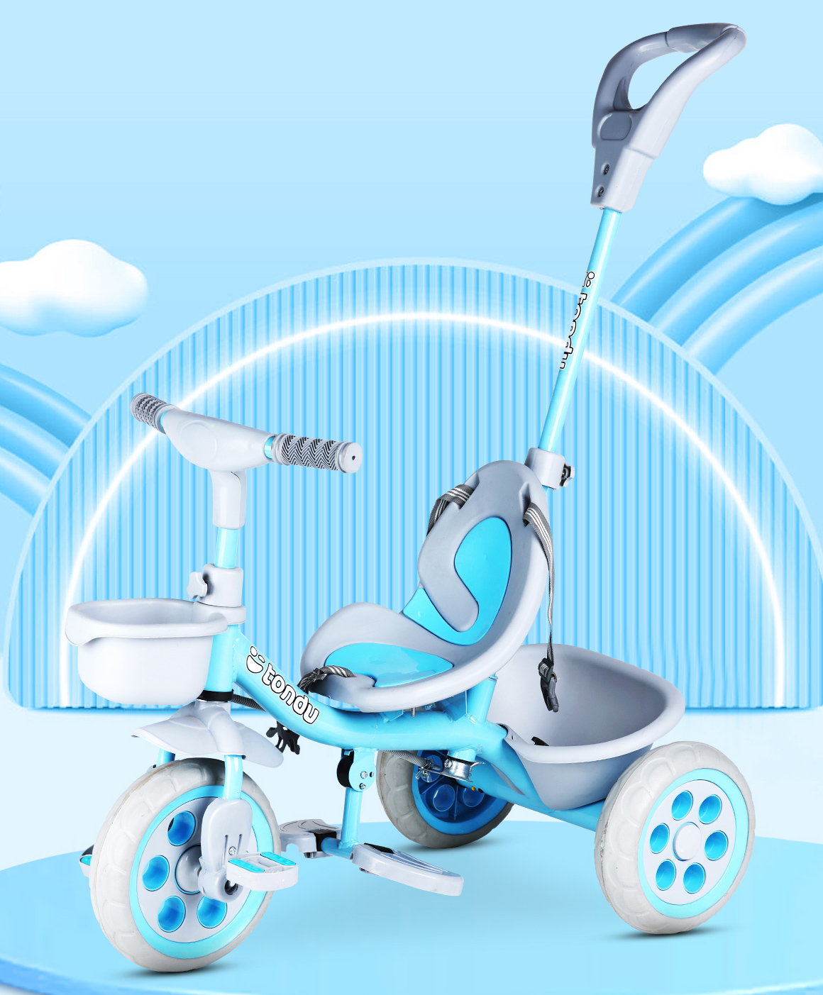 Tondu Kids Tricycle with Parental Control, Safety Belt, EVA Wheels & Storage - Toddler Trike (Blue)-picture-17