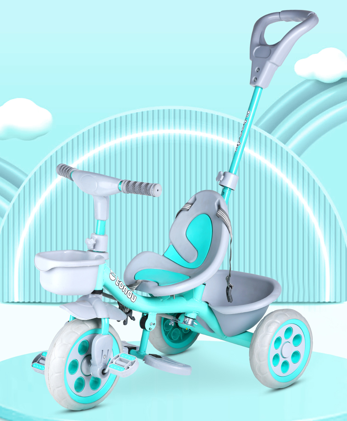 Tondu Kids Tricycle with Parental Control, Safety Belt, EVA Wheels & Storage - Toddler Trike (Sea Green)-picture-16