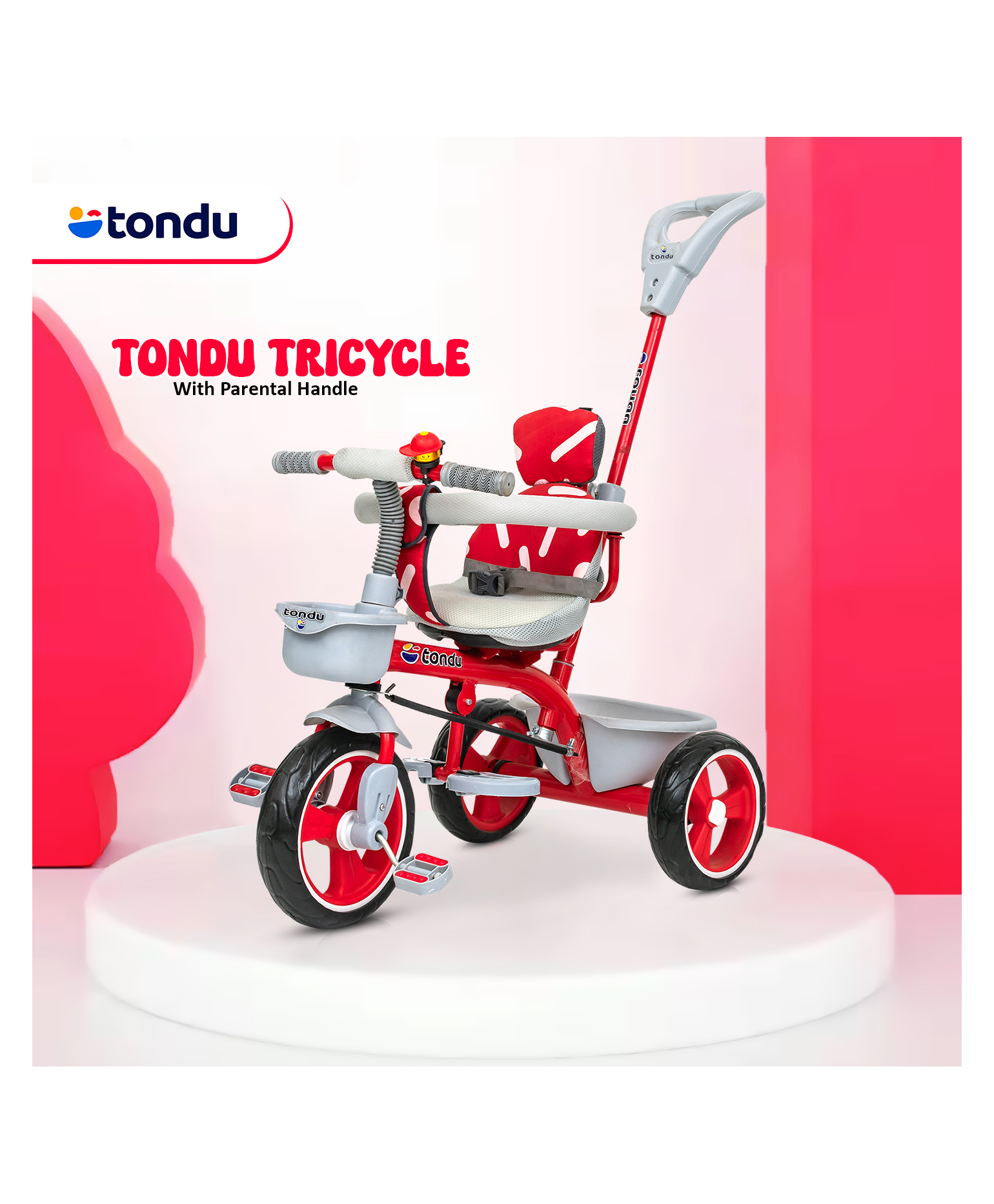 Tondu Kids Tricycle with Parental Control, Safety Belt & Guardrail, EVA Wheels & Storage - Toddler Trike - Red-image-48