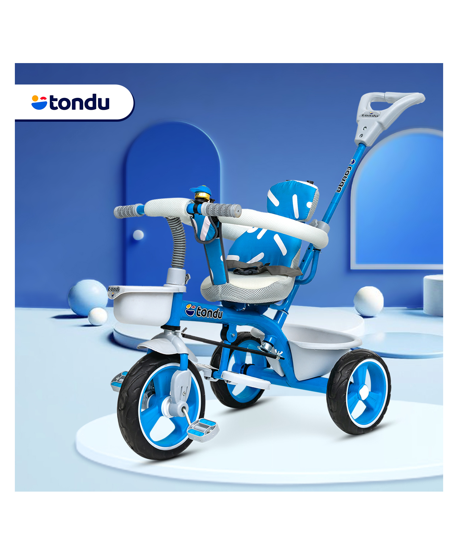 Tondu Kids Tricycle with Parental Control, Safety Belt & Guardrail, EVA Wheels & Storage - Toddler Trike - Blue-picture-13