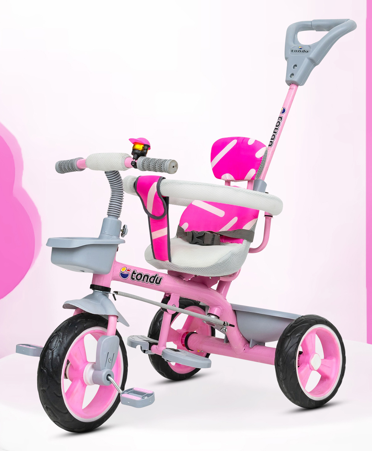 Tondu Kids Tricycle with Parental Control, Safety Belt & Guardrail, EVA Wheels & Storage - Toddler Trike - Pink-picture-12
