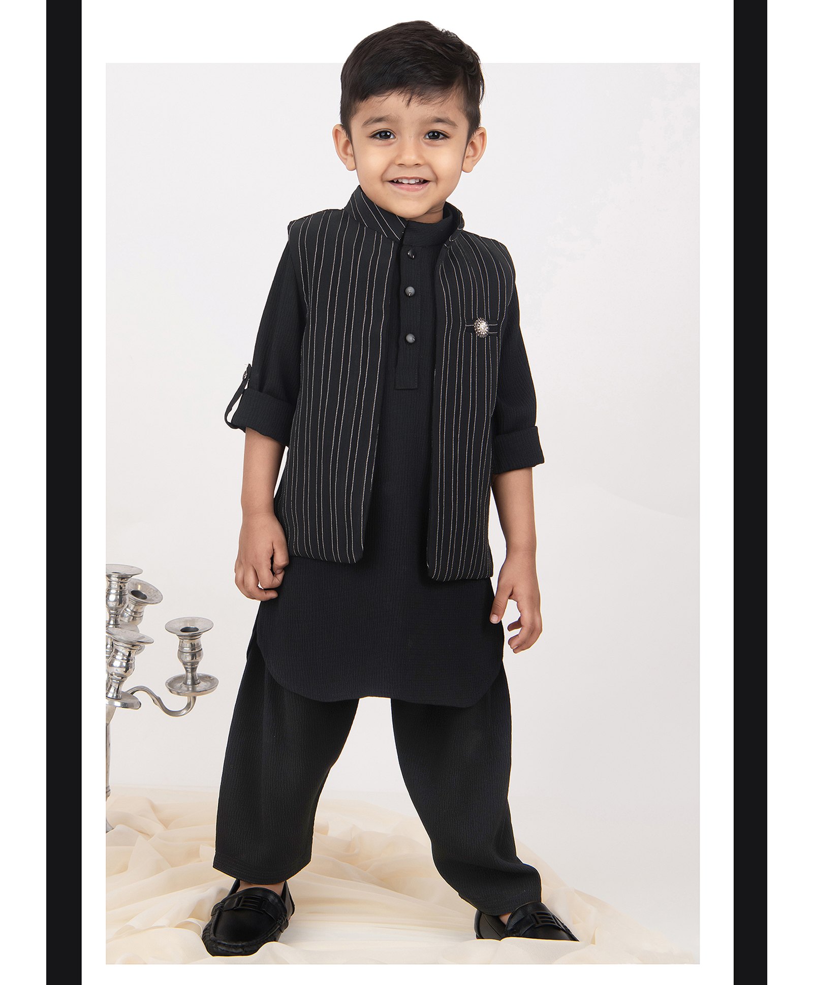 LITTLE COLLARS Viscose Full Sleeves Solid Kurta Patiala With Striped Embroidered Jacket Set - Black-picture-12