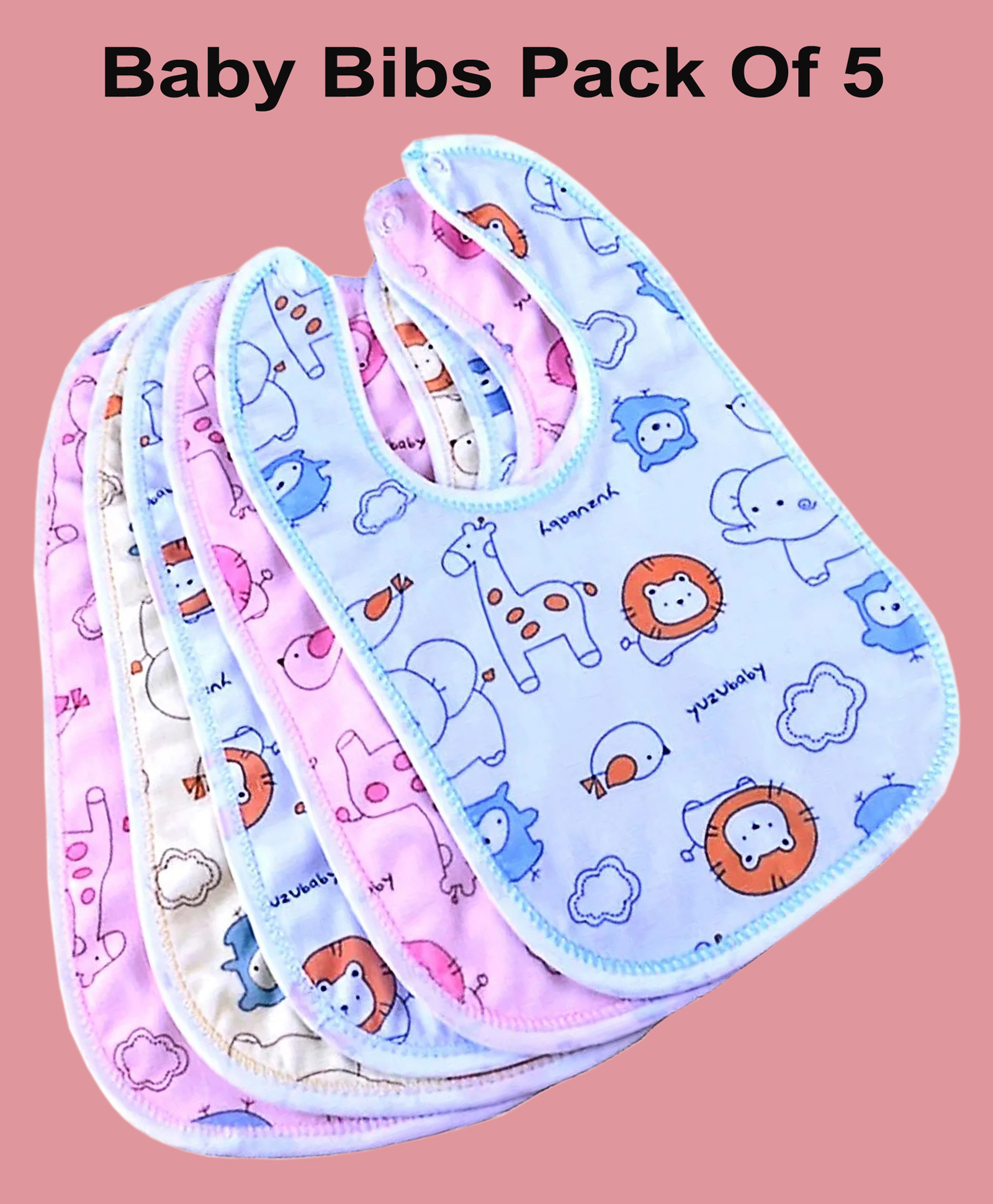 Joy Buzz Waterproof Feeding Bibs with Snap Button Closure Printed Pack of 5- Multicolour-picture-26