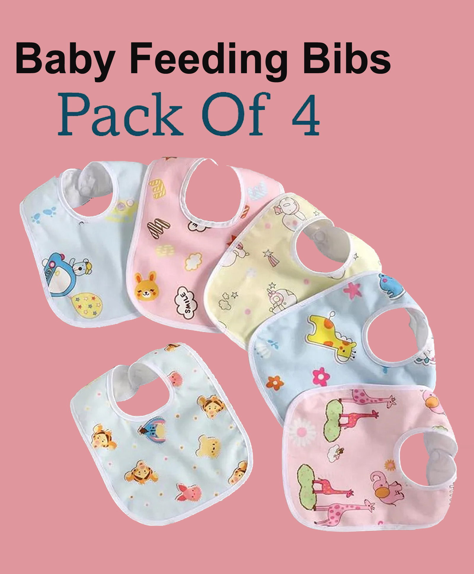 Joy Buzz Waterproof Feeding Bibs with Snap Button Closure Printed Pack of 4- Multicolour-image-12