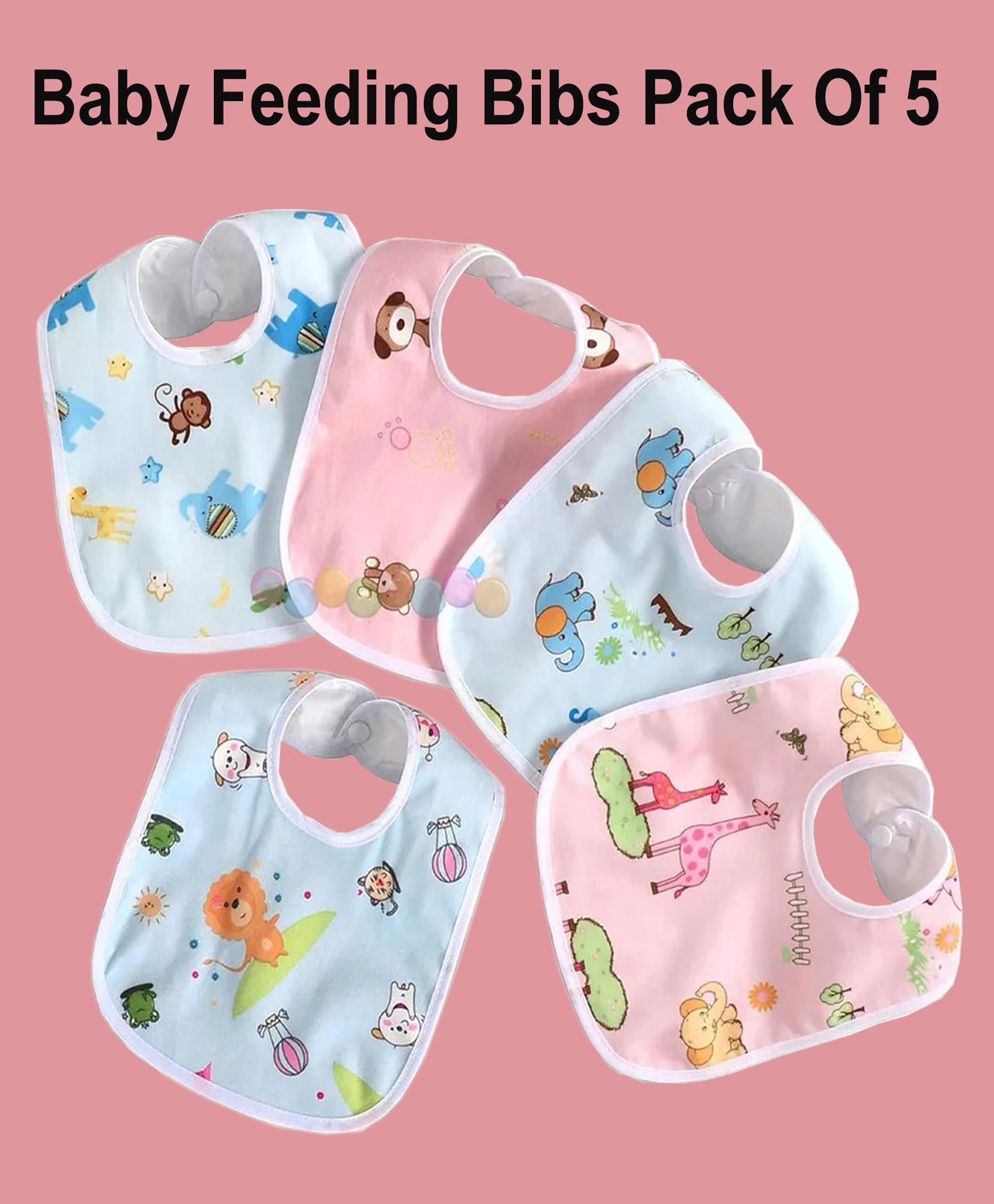 Joy Buzz Waterproof Feeding Bibs with Snap Button Closure Printed Pack of 5- Multicolour-image-13