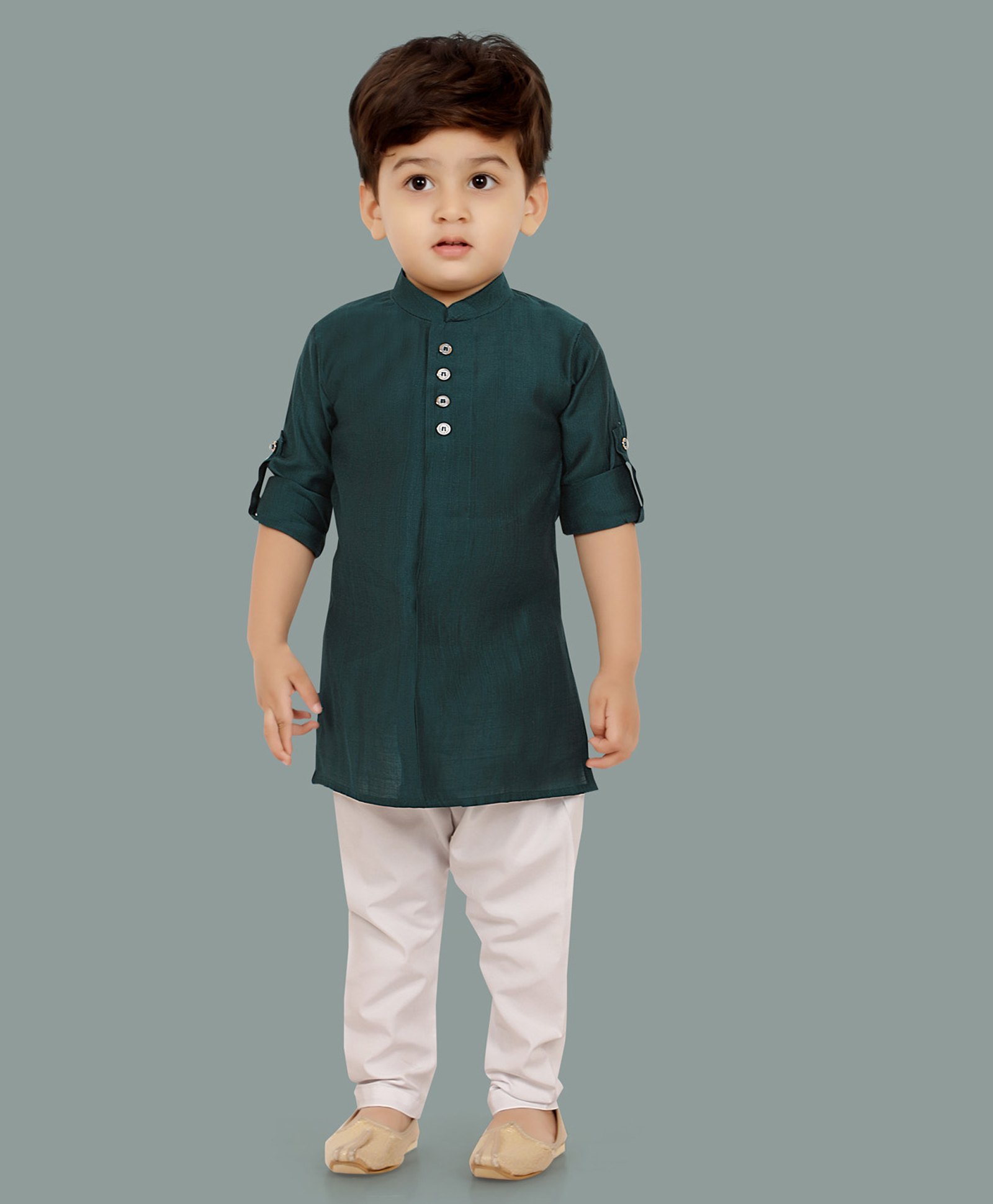 little desi Cotton Silk Full Sleeves Solid Kurta Pyjama Set - Bottle Green-picture-34
