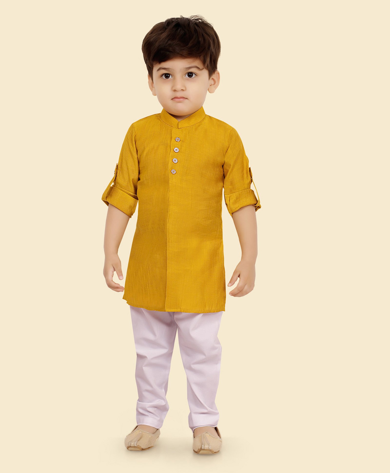 little desi Cotton Silk Full Sleeves Solid Kurta Pyjama Set - Gold-picture-19