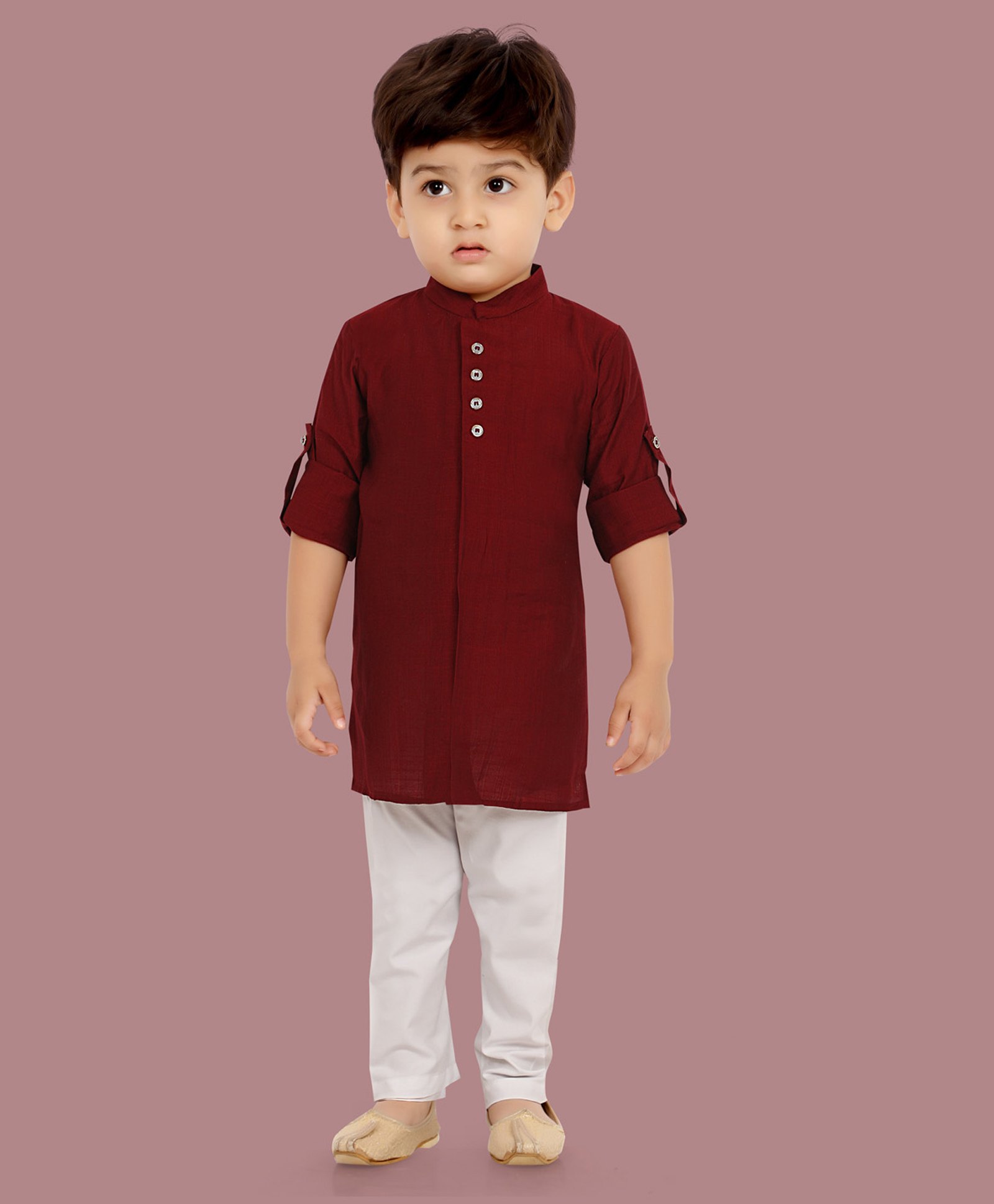 little desi Cotton Silk Full Sleeves Solid Kurta Pyjama Set - Maroon-picture-1