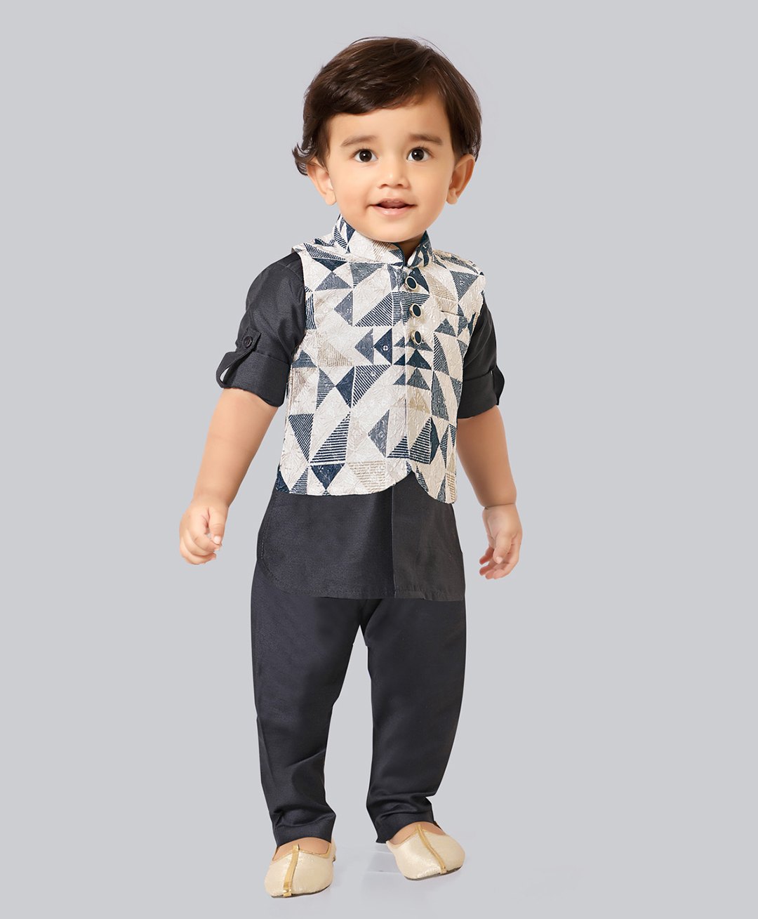 little desi Jute Cotton Full Sleeves Solid Kurta & Pyjama With Geometric Printed Jacket - Navy Blue-picture-16