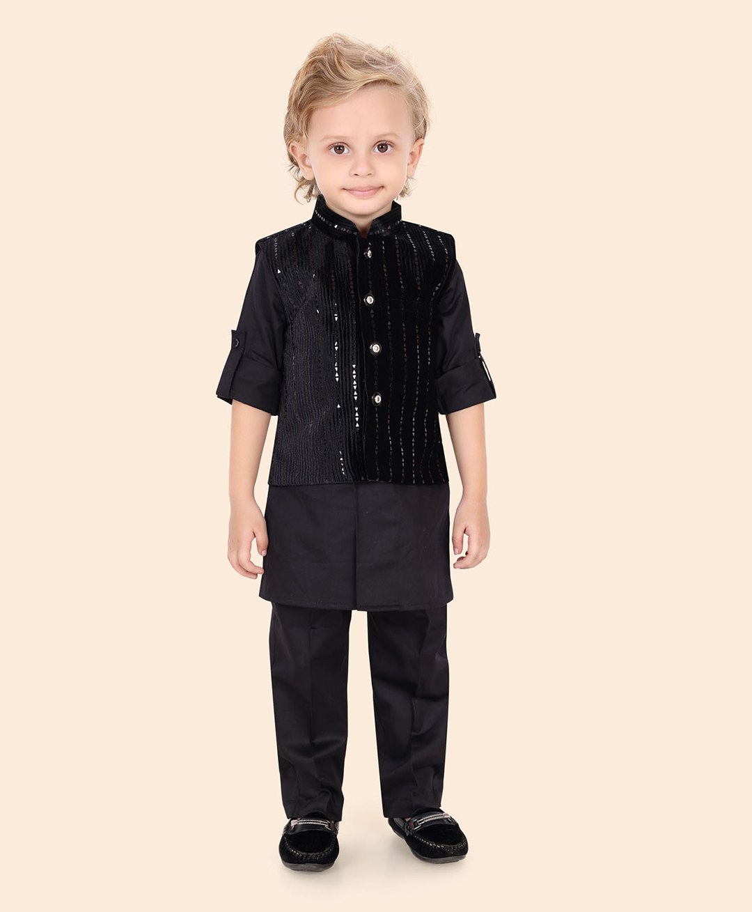little desi Velvet Full Sleeves Solid Kurta & Pyjama With Textured Foil Printed Jacket - Black-image-4