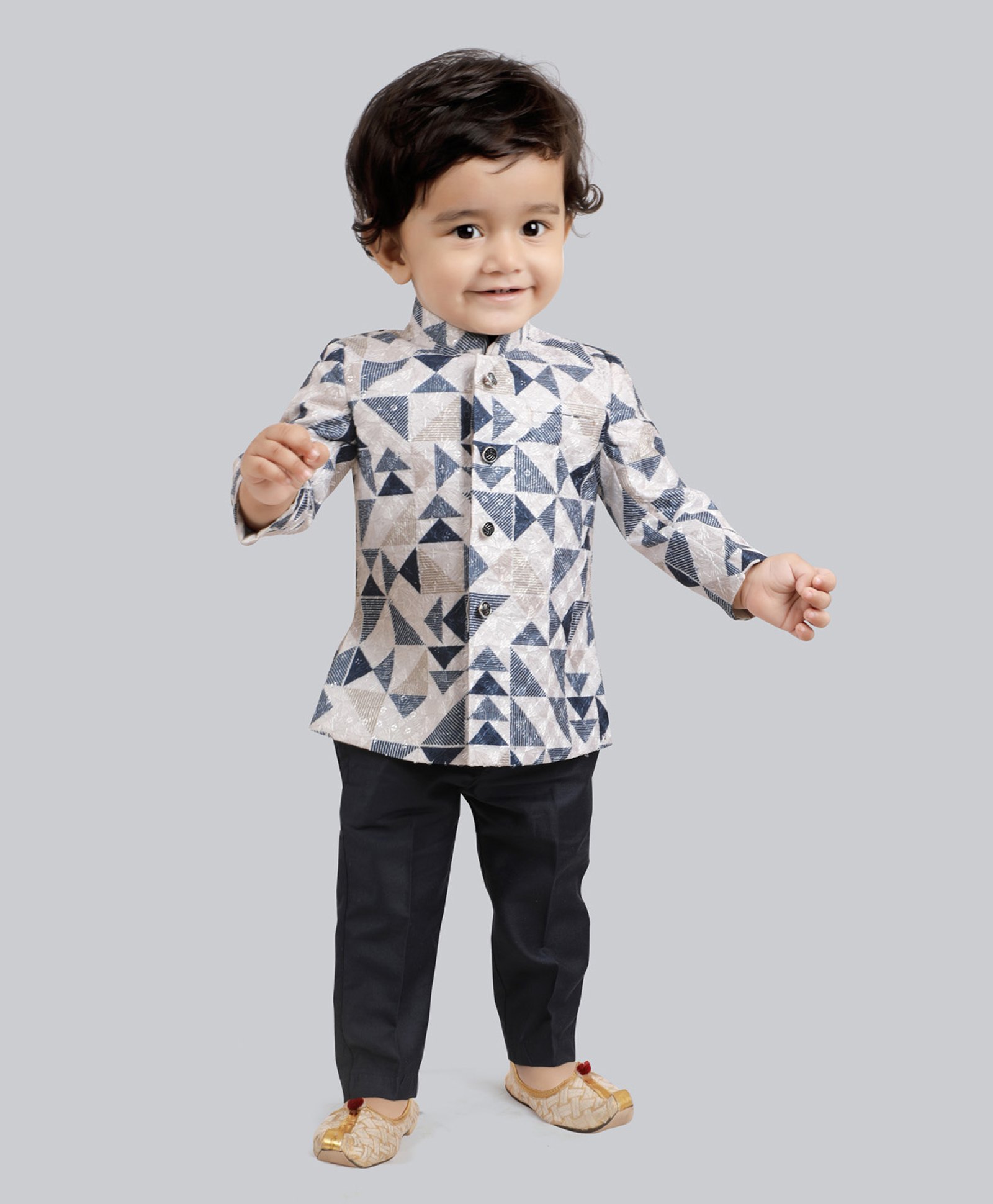 little desi Jute Cotton Full Sleeves Geometric Printed Jodhpuri Coat & Pant Set - Navy Blue-picture-21