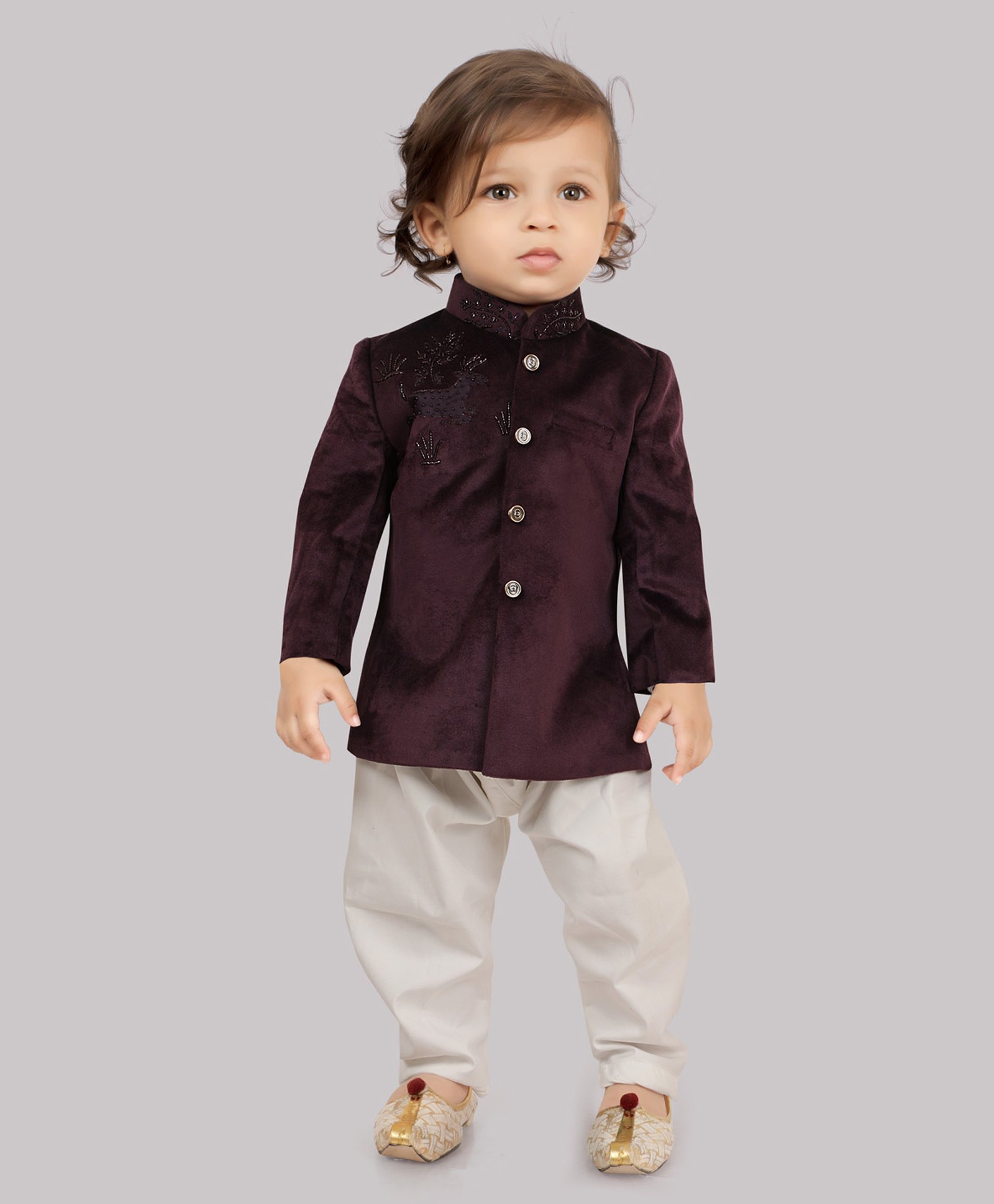 little desi Velvet Full Sleeves Deer Embroidered & Beaded Jodhpuri Coat & Pant Set - Voilet-picture-15
