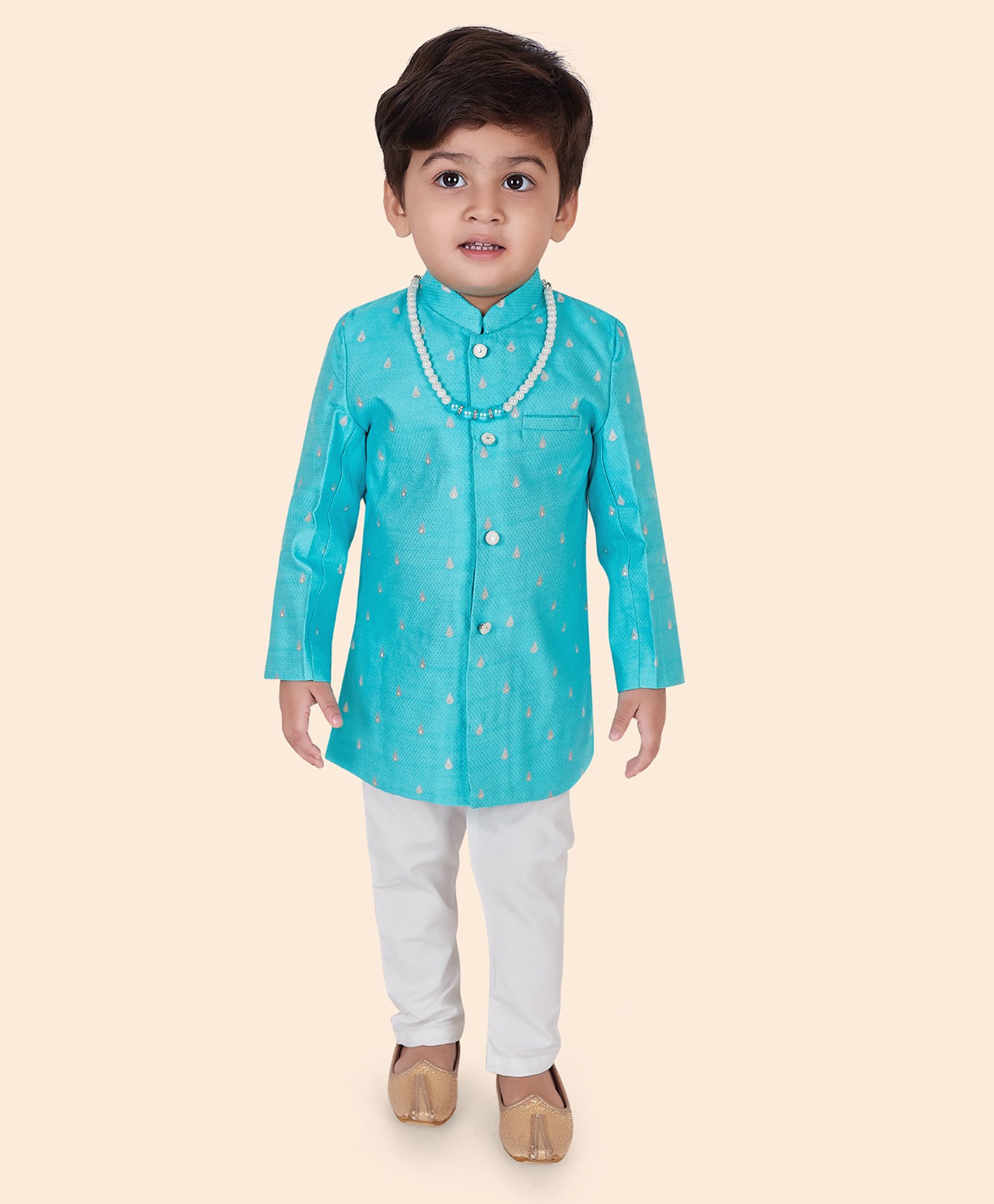 little desi Dupion Silk Full Sleeves Ethnic Foil Motifs Printed Kurta Pyjama With Necklace Set - Firozi Blue-picture-35