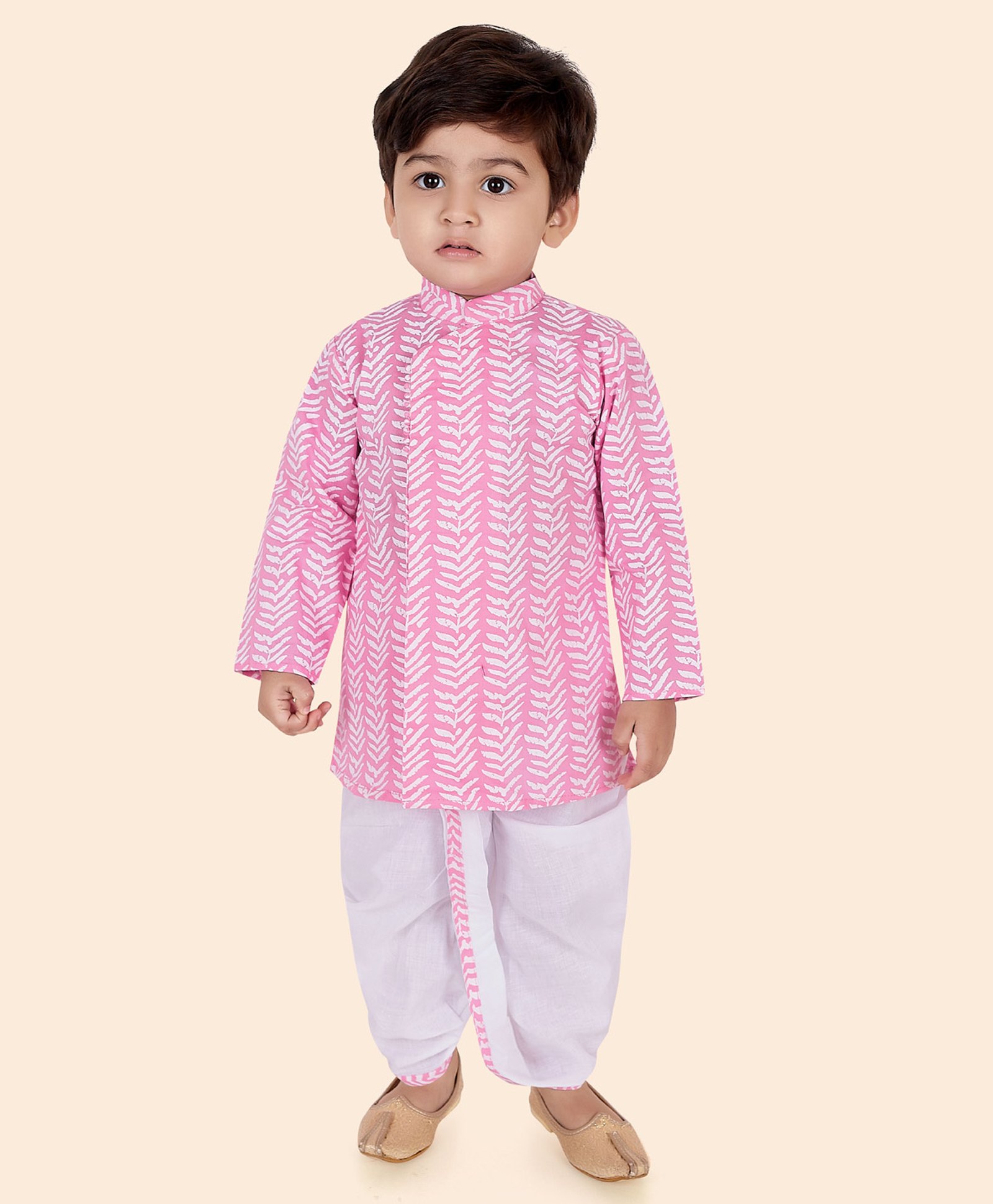 little desi Pure Cotton Full Sleeves Abstract Printed Kurta Dhoti Set - Pink-picture-12