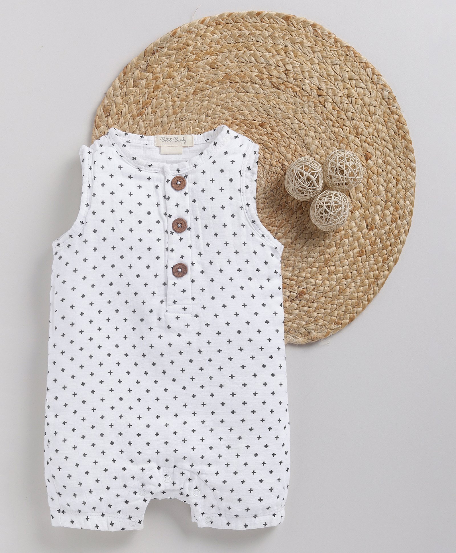 Cot & Candy Muslin Sleeveless Cross Printed Romper - White-picture-28