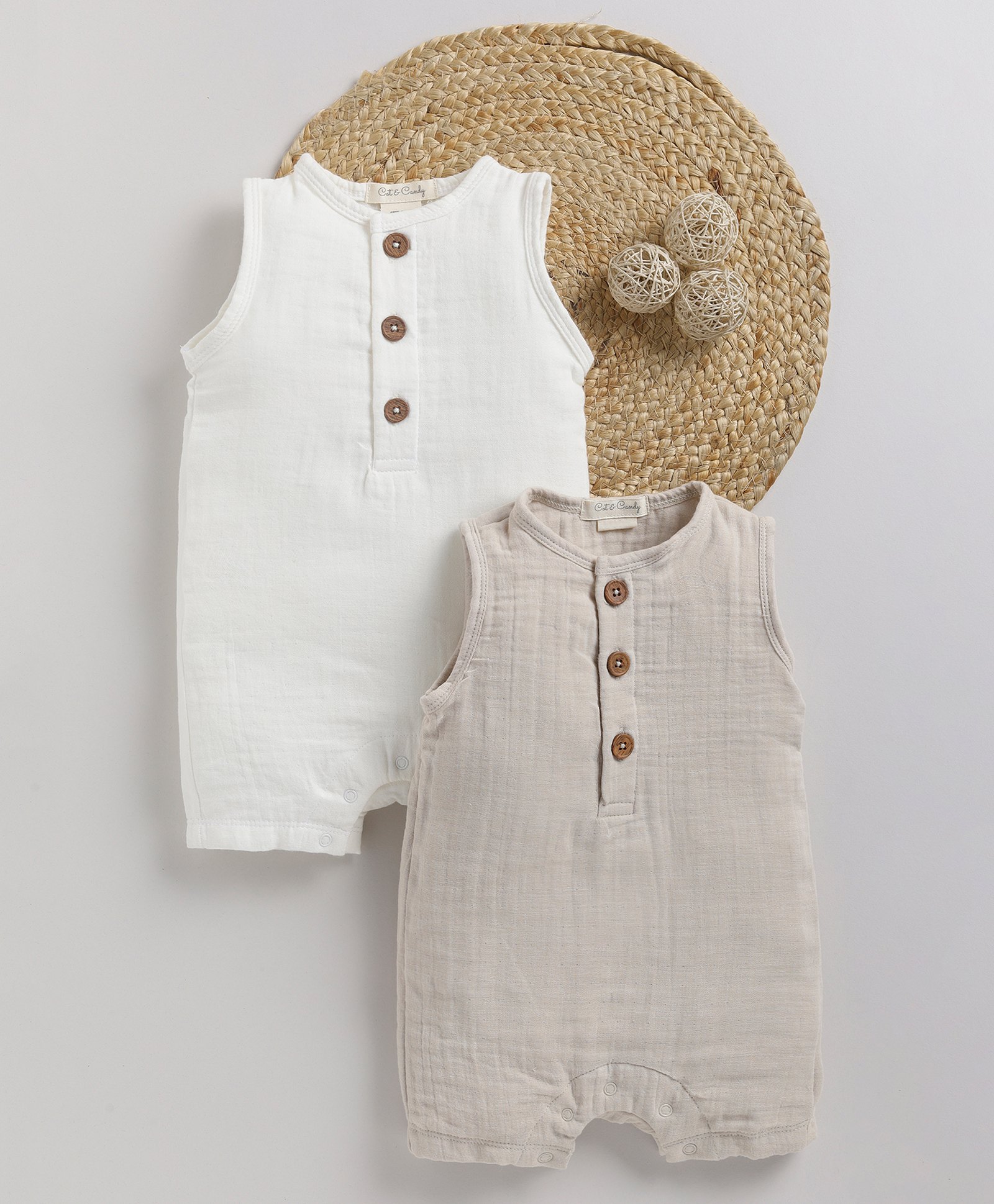 Cot & Candy Muslin Pack Of 2 Sleeveless Solid Rompers - Multi Colour-picture-27
