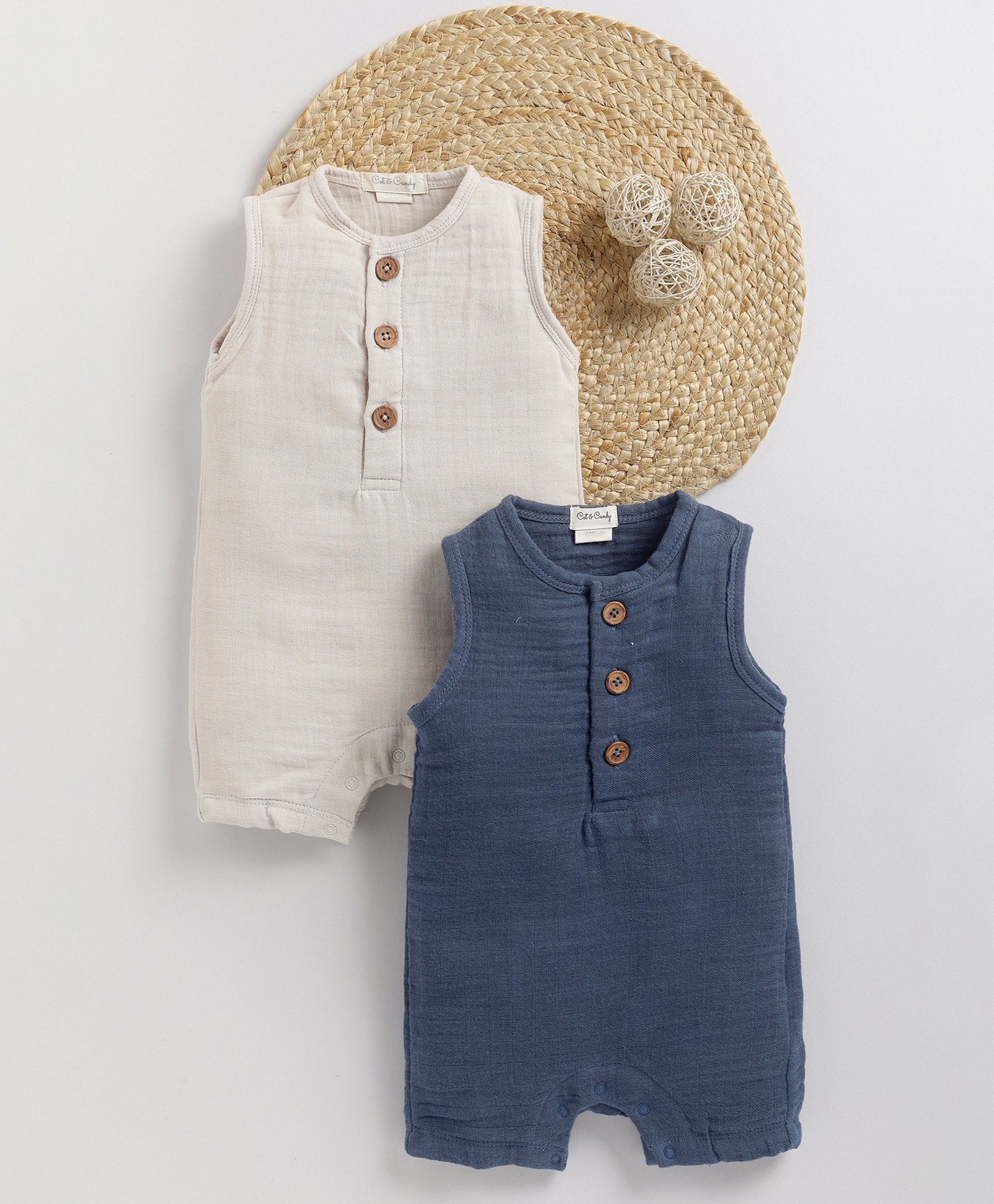 Cot & Candy Muslin Pack Of 2 Sleeveless Solid Rompers - Multi Colour-picture-21