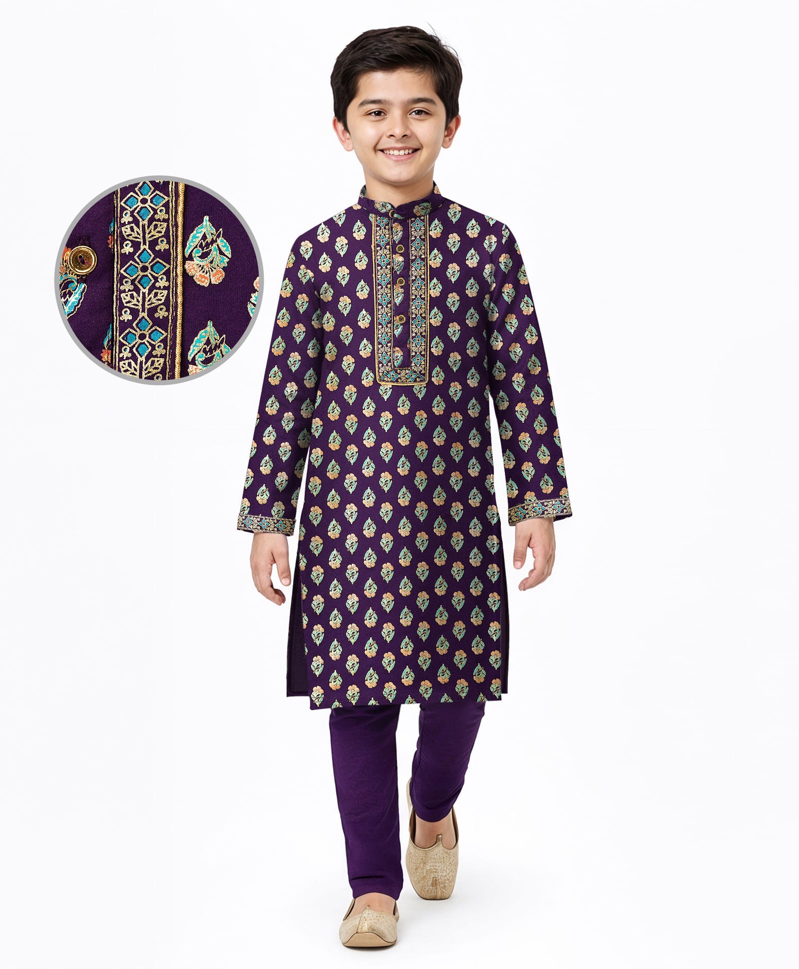 EARTHY TOUCH Single Jersey Knit Full Sleeves Kurta Pajama Set With Floral Foil Print - Purple-picture-12
