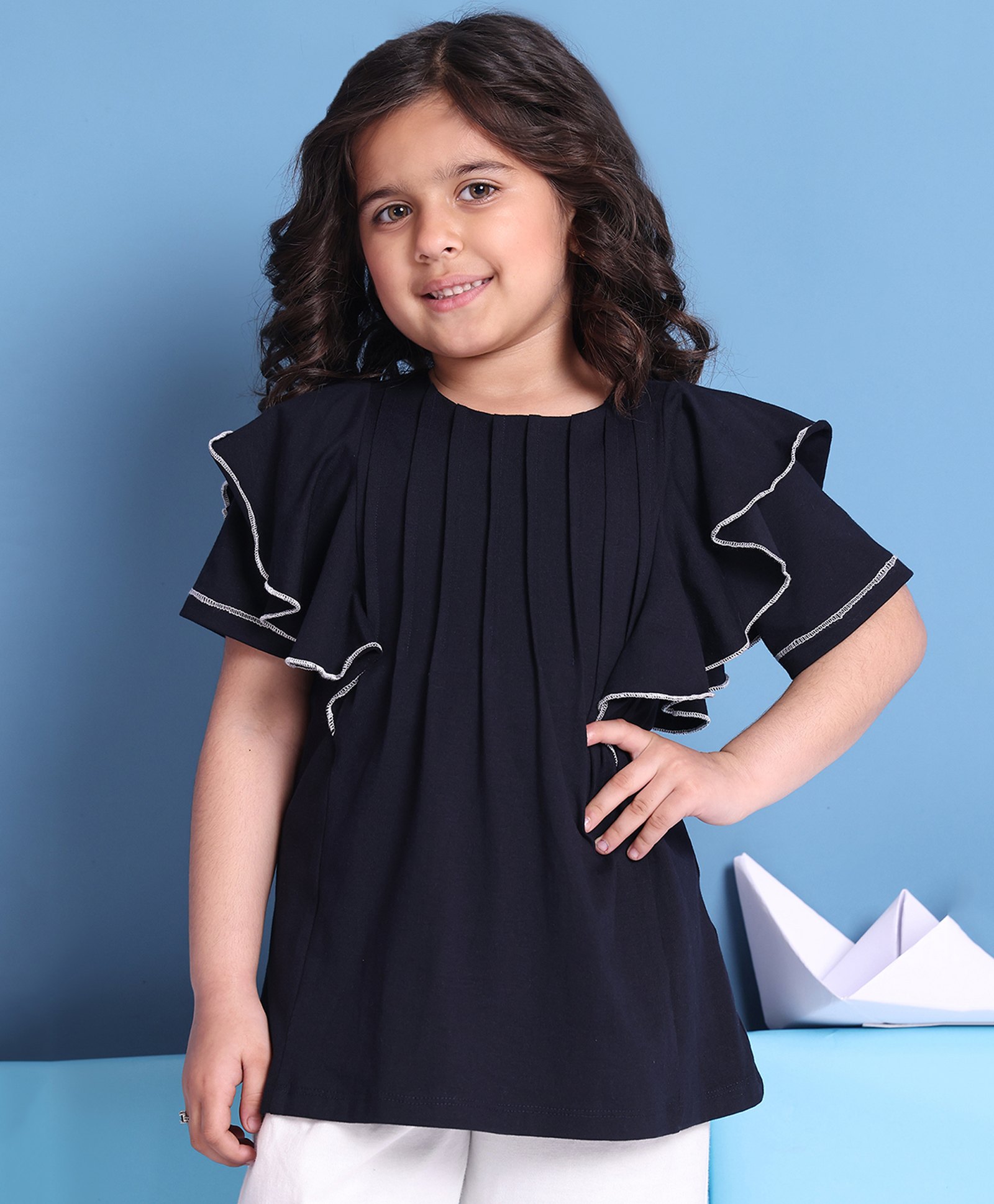 BaawRi Cotton Lycra Knit Half Sleeves Frill Detailed Solid Top - Navy Blue-picture-6