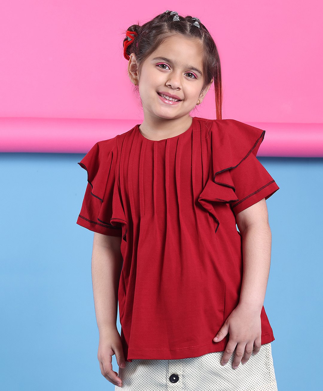BaawRi Cotton Lycra Knit Half Sleeves Solid Frill Detailed Pleated Top - Red-image-39