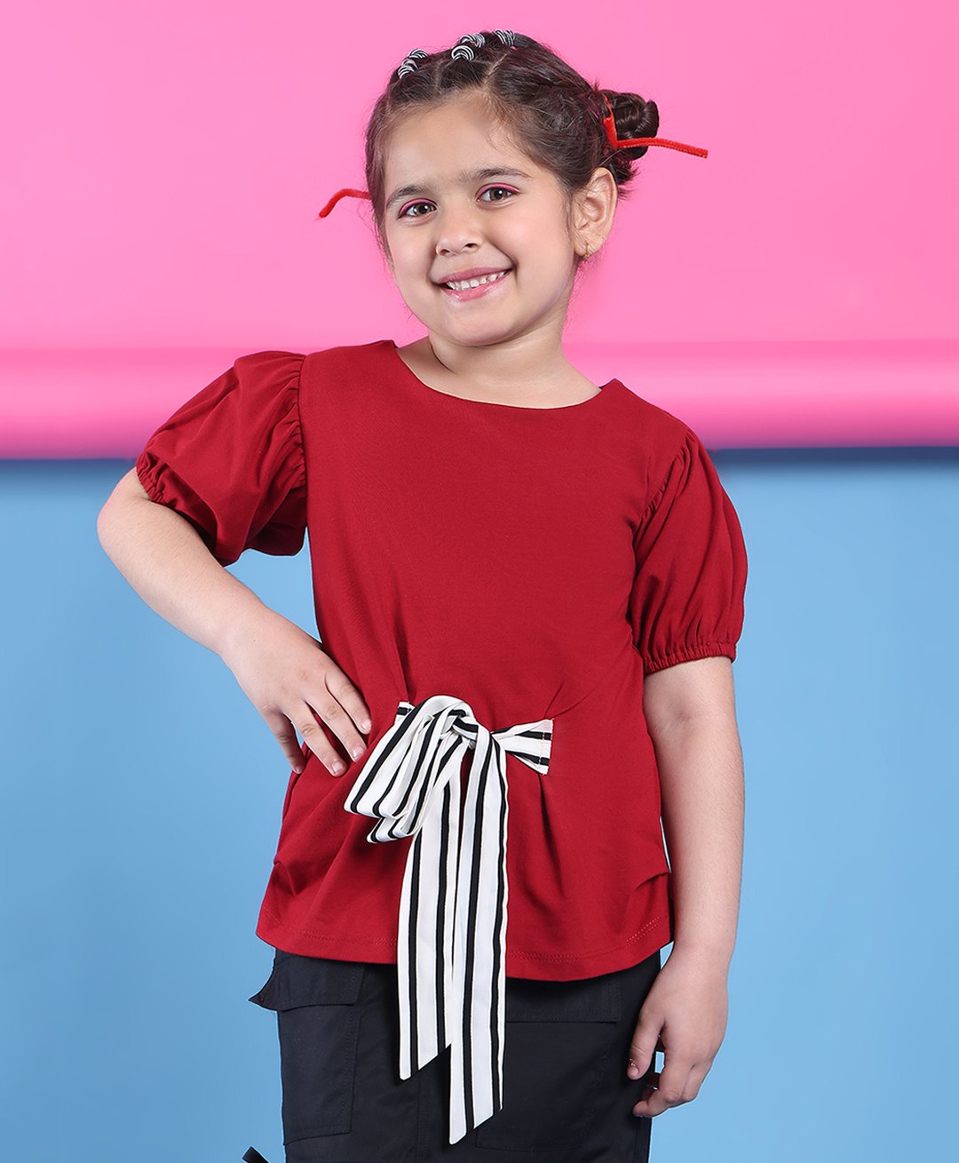 BaawRi Cotton Knit Half Puffed Sleeves Knot Detailed Solid Top - Red-picture-5