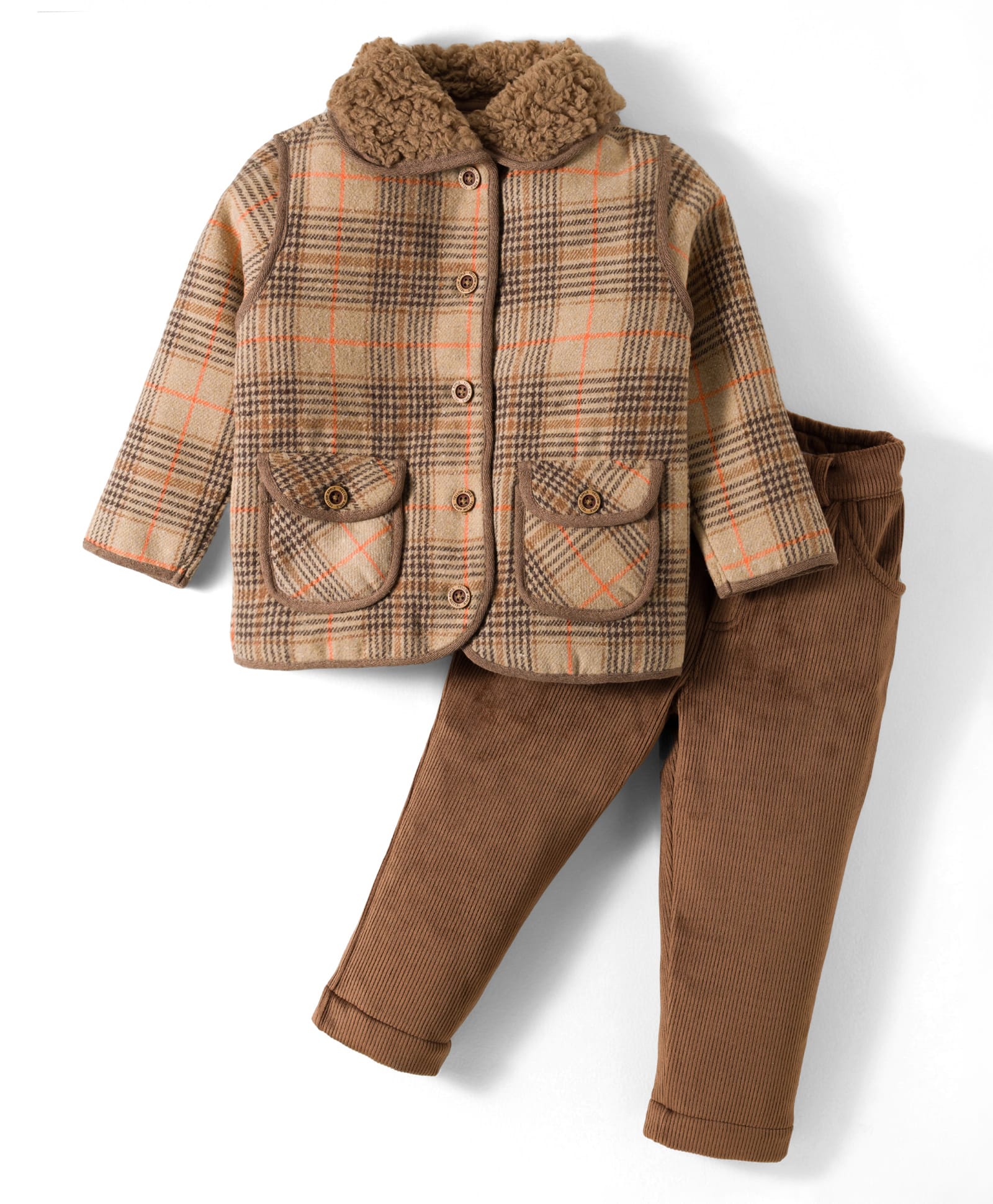 Yellow Apple Woven Full Sleeves Winter Wear Jacket & Trouser Set with Checks Pockets & Fur Detailing - Brown-image-3