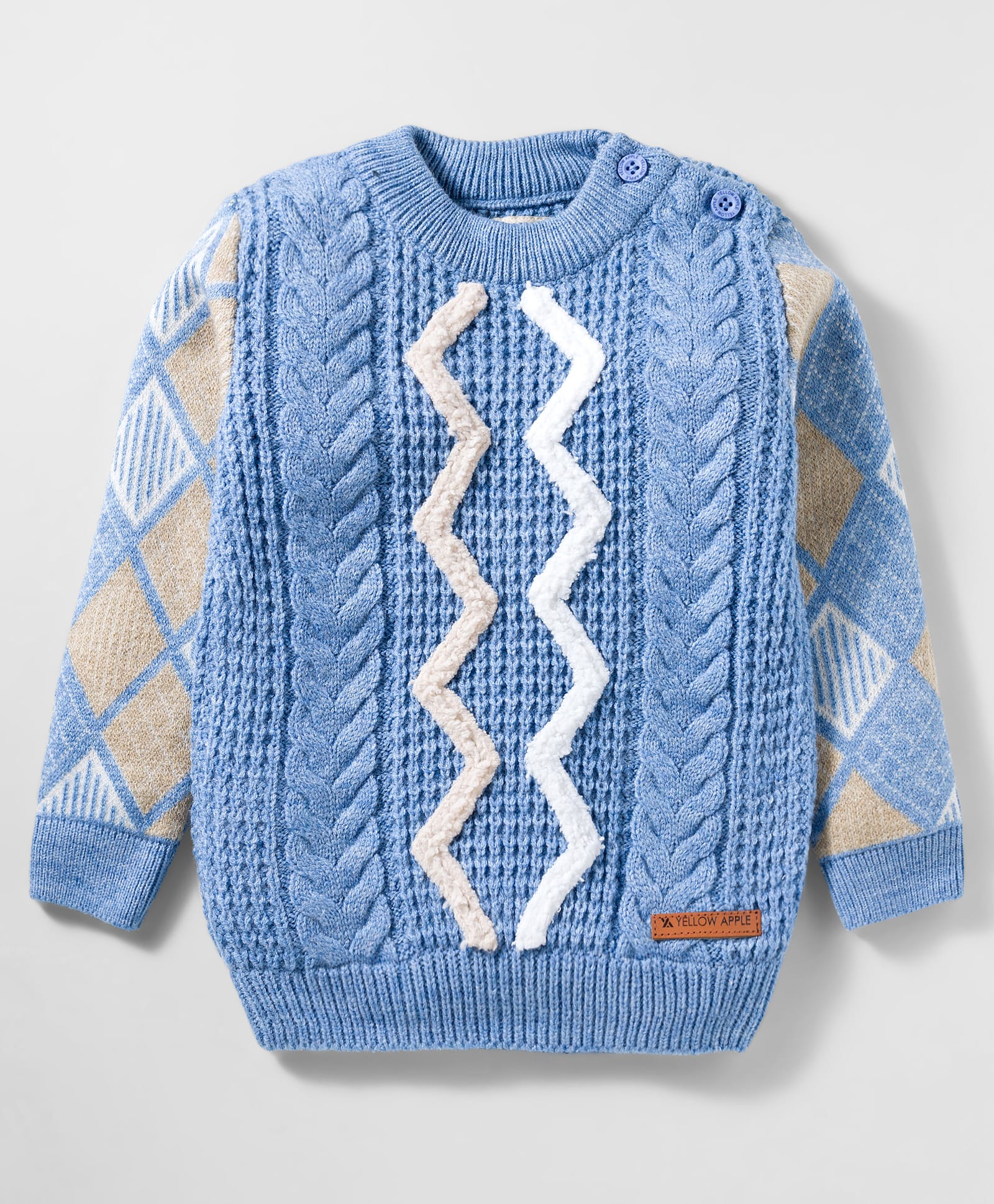 Yellow Apple Knitted Full Sleeves Pullover Sweater With Cable Knit Design - Light Blue-image-19