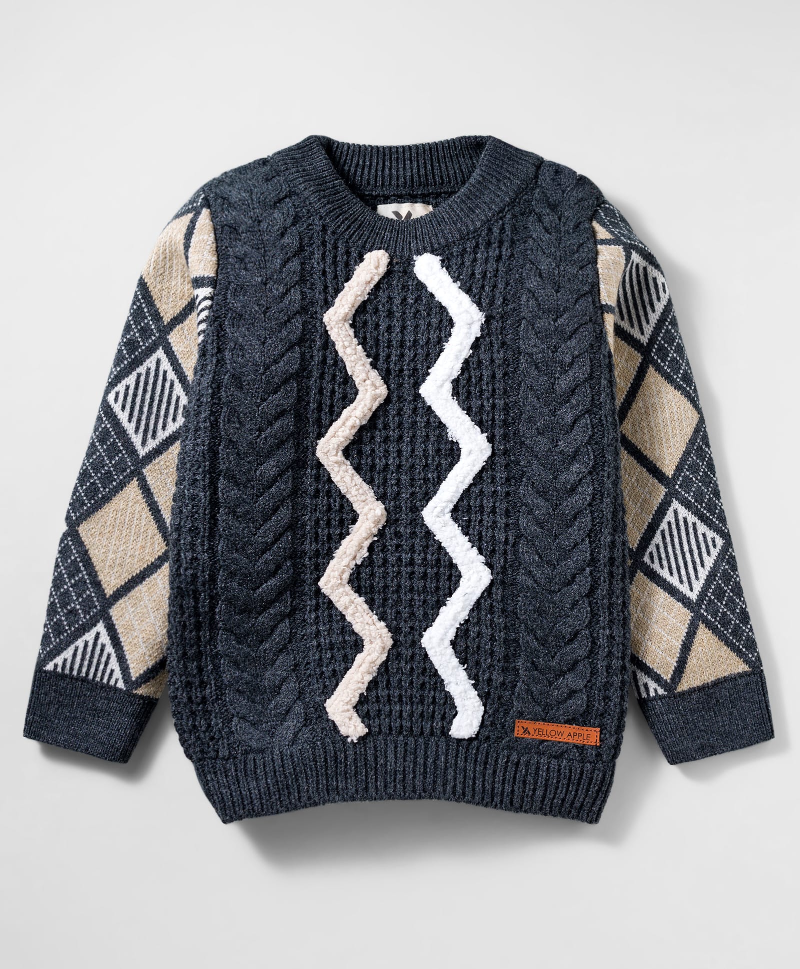 Yellow Apple Knitted Full Sleeves Pullover Sweater With Cable Knit Design - Charcoal Grey-picture-15