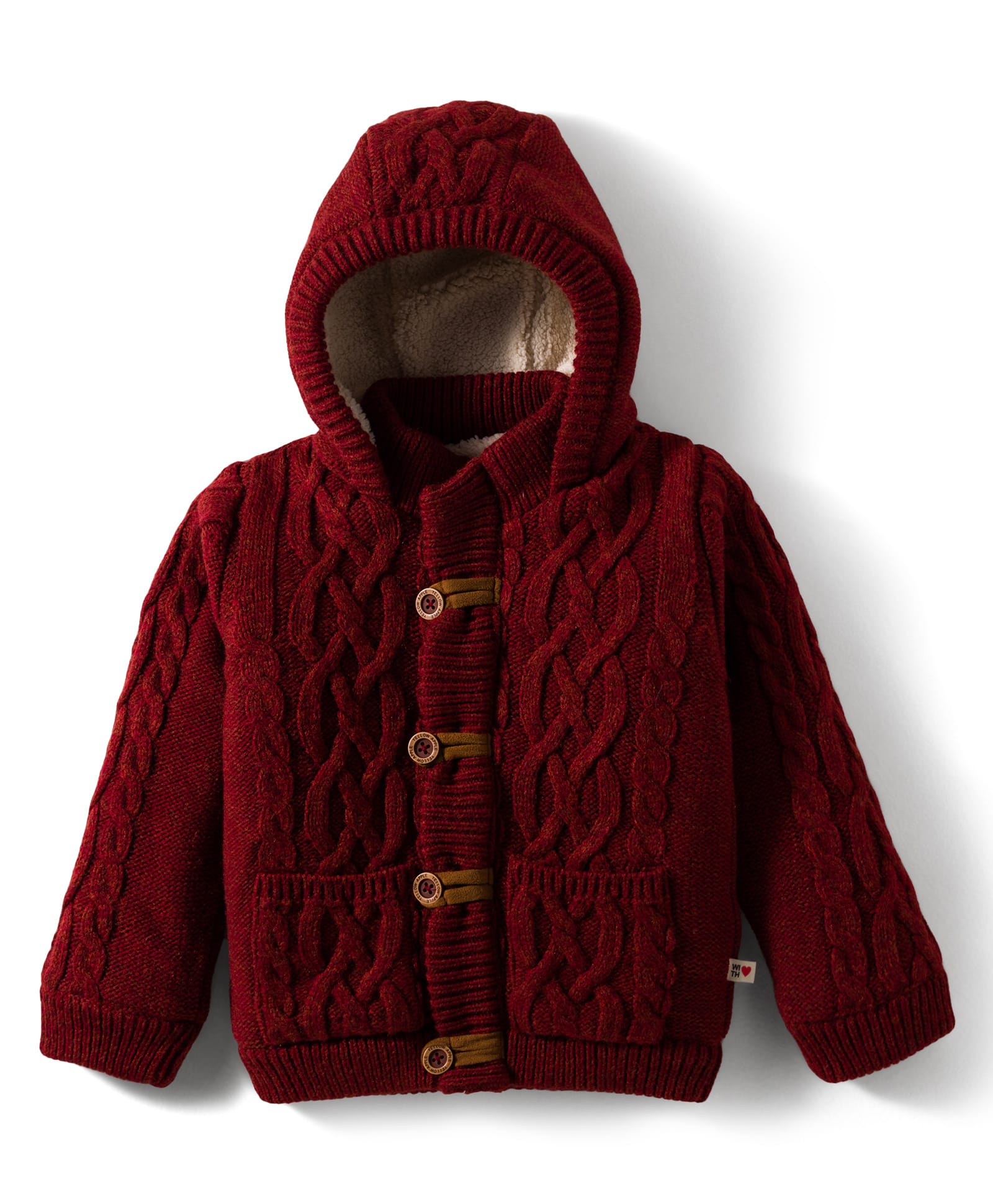Yellow Apple Knit Full Sleeves Front Open Hooded Sweater with Cable Knit Design - Burgundy-image-18