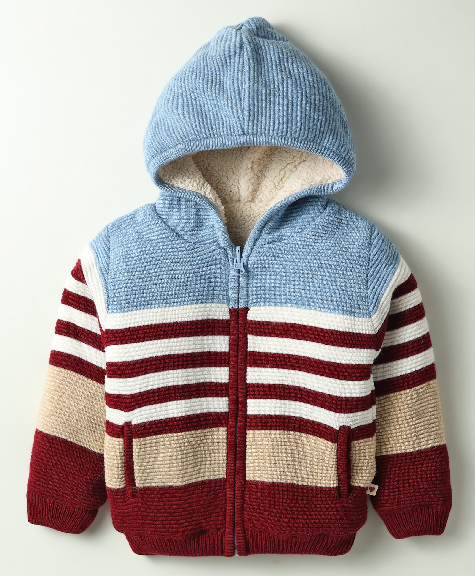 Yellow Apple Knitted Full Sleeves Front Open Hooded Striped Sweater - Rust-picture-14