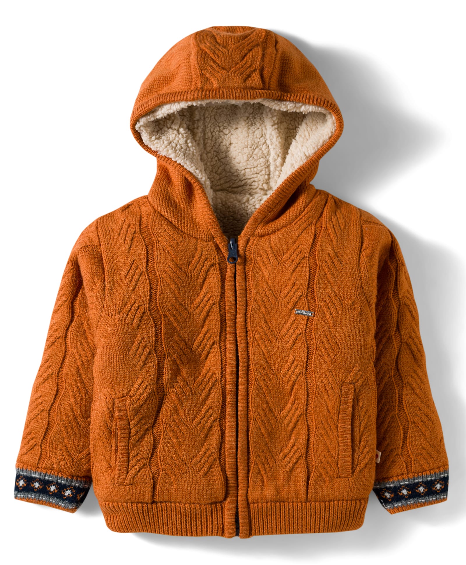 Yellow Apple Full Sleeves Front Open Hooded Sweater With Cable Knit Design - Rust Orange-picture-21