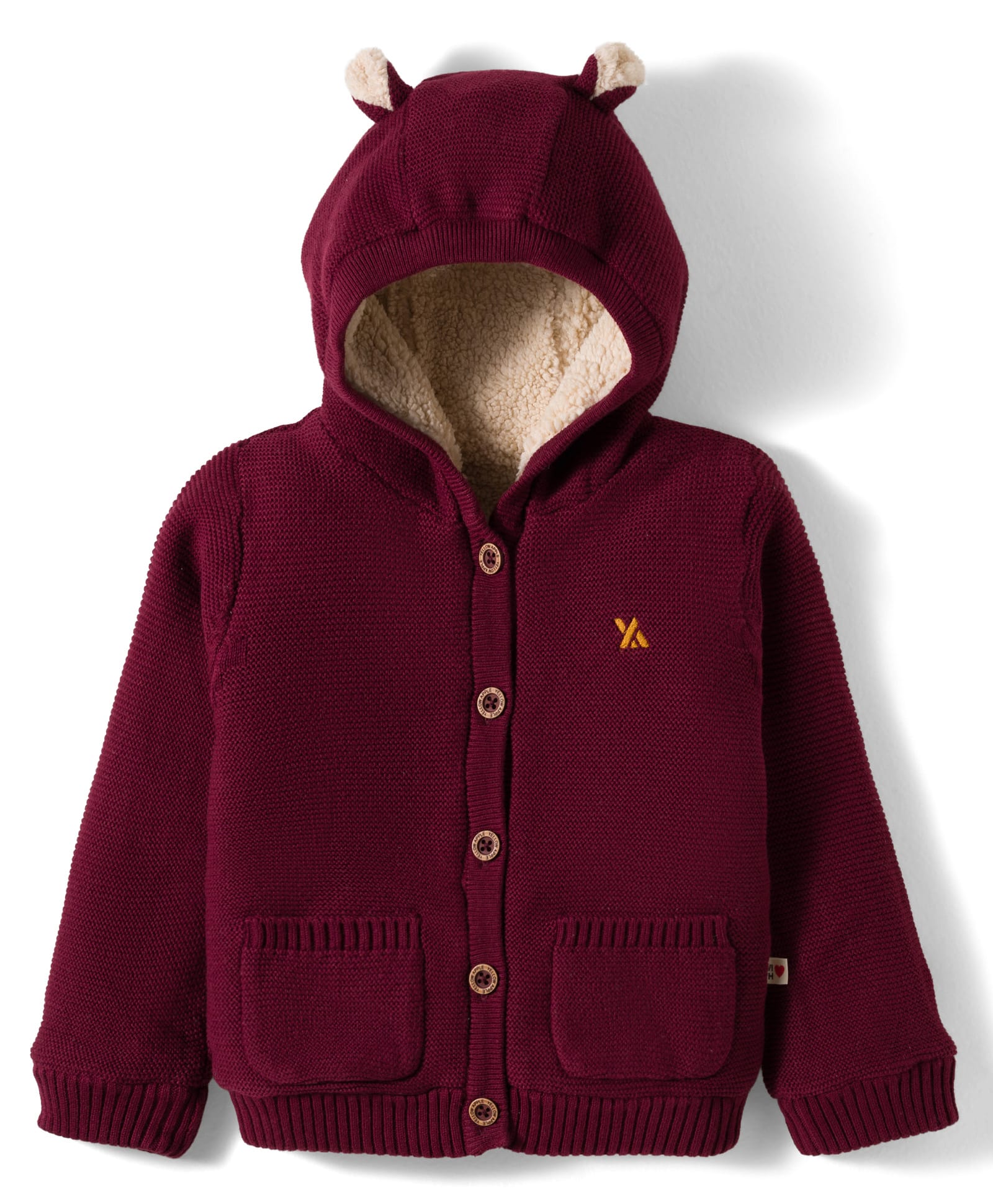 Yellow Apple Knitted Full Sleeves Solid Hooded Front Open Sweater - Wine-image-43