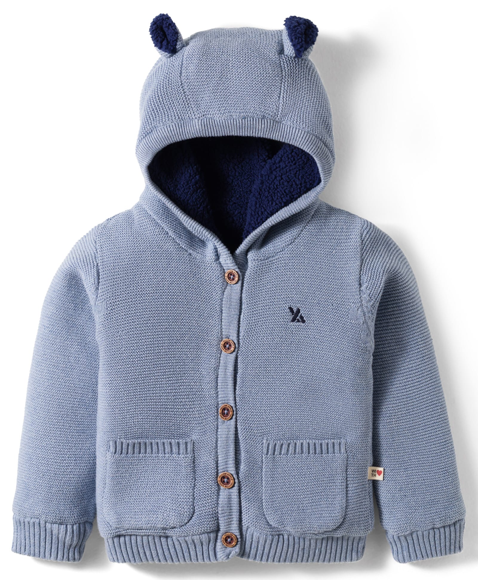 Yellow Apple Knitted Full Sleeves Solid Hooded Front Open Sweater - Light Blue-image-30