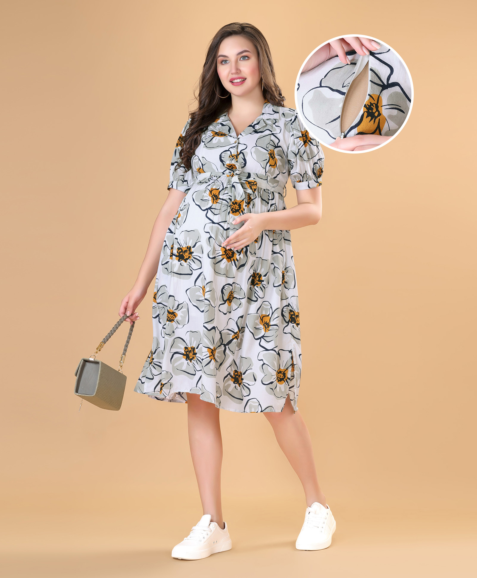 Bella Mama Woven Half Sleeves Shirt Maternity Dress With Floral Print - White & Grey-image-28