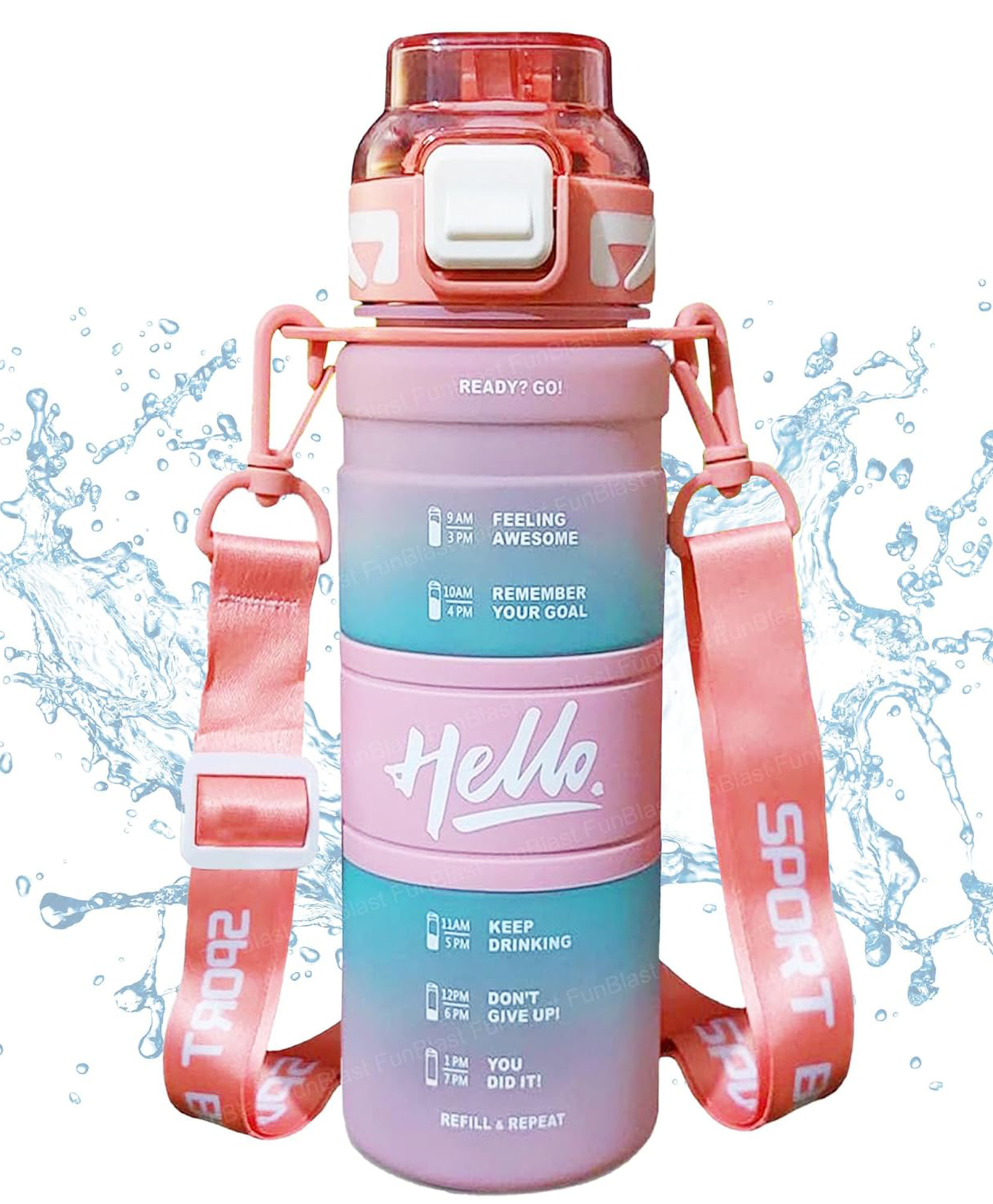 FunBlast Sports Water Bottle with Handle, Adjustable Strap & Time Marker Pink - 1000 ml-image-31