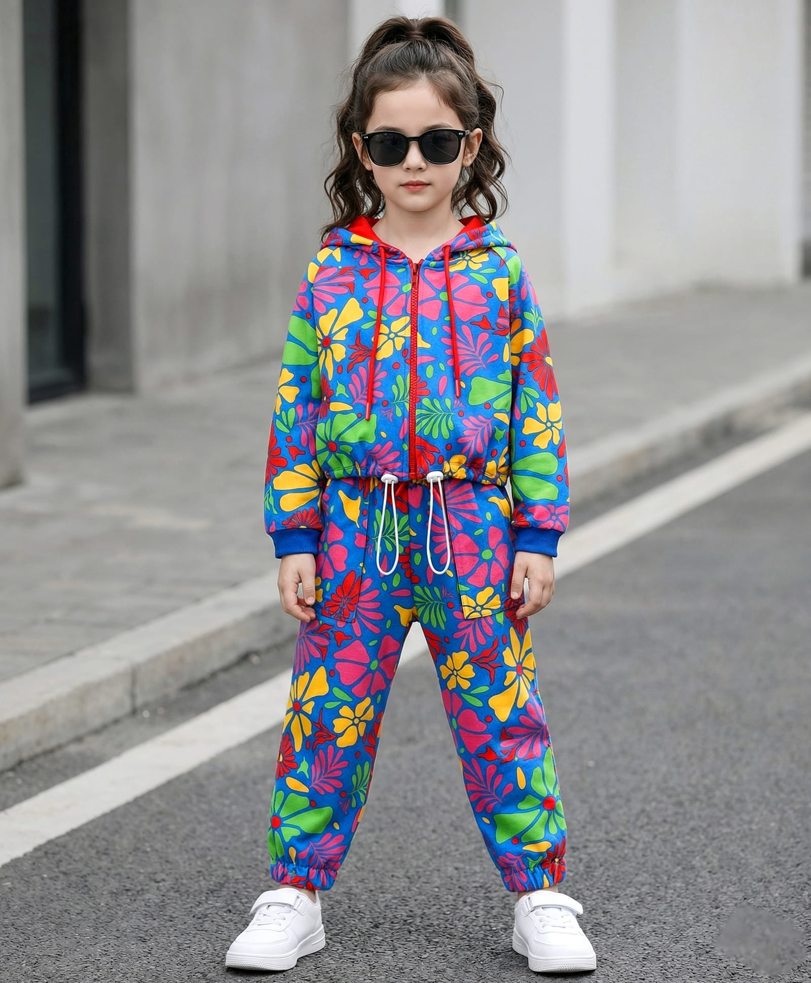OLLINGTON ST. Cotton Knit Winterwear Set Of Floral Printed Full Sleeves Zipper Hoodie & Joggers - Purple & Blue-image-28