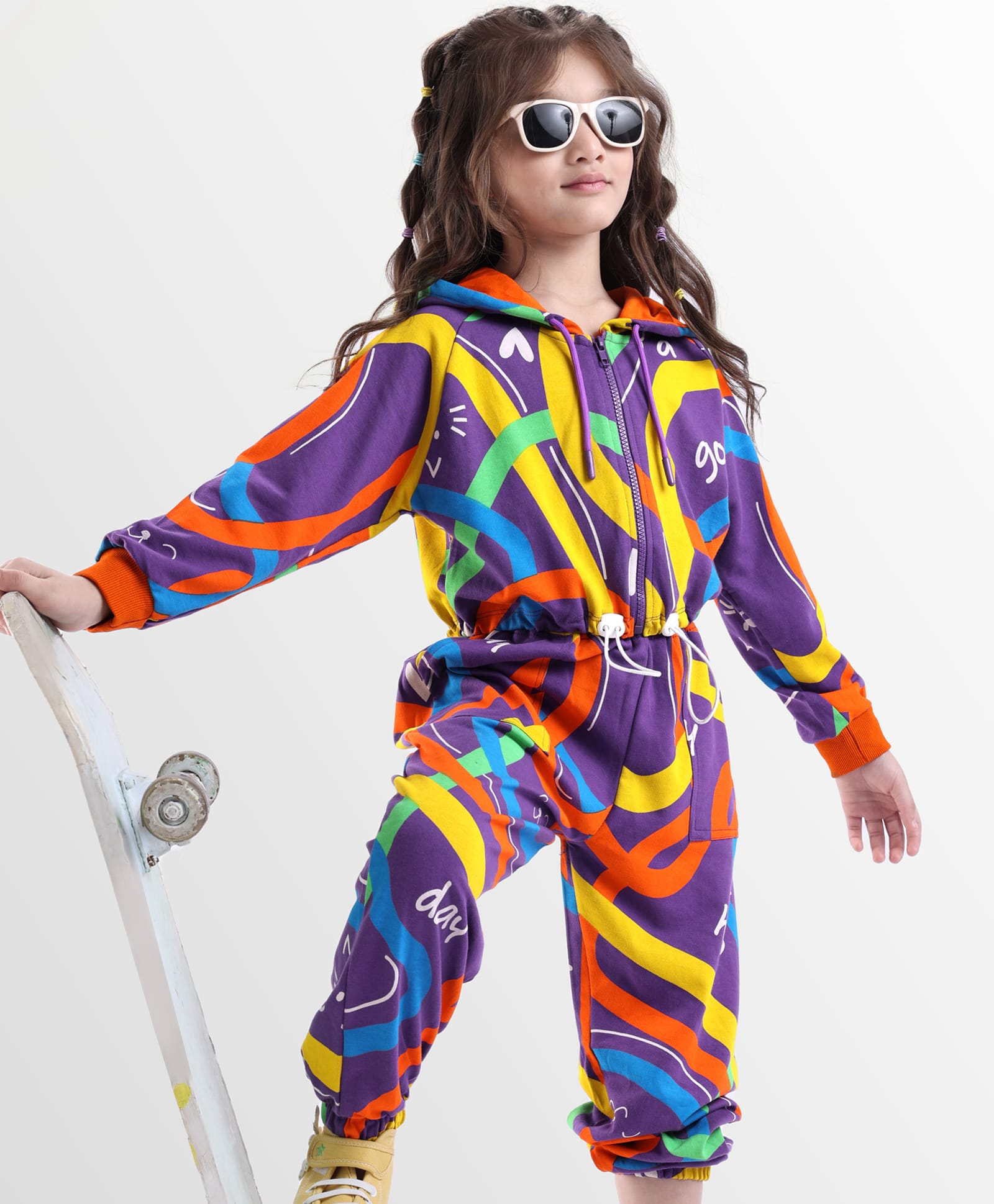 OLLINGTON ST. 100% Cotton Winterwear Set Of Printed Full Sleeves Hooded Jacket & Joggers - Purple & Yellow-image-42