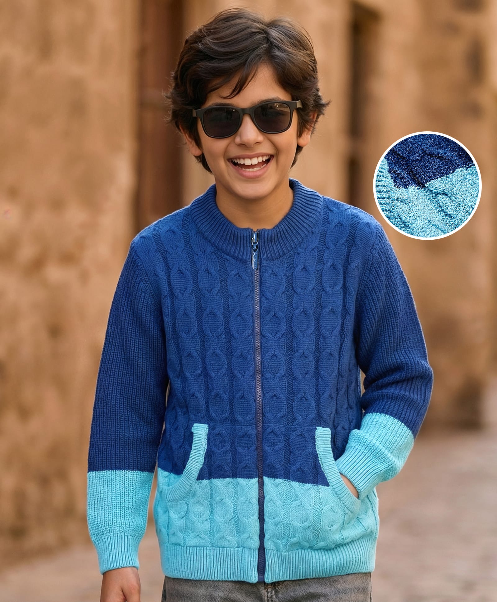 Pine Kids Knit Full Sleeves Front Open Sweater with Kangaroo Pocket & Cable Knit Design - Blue-image-46
