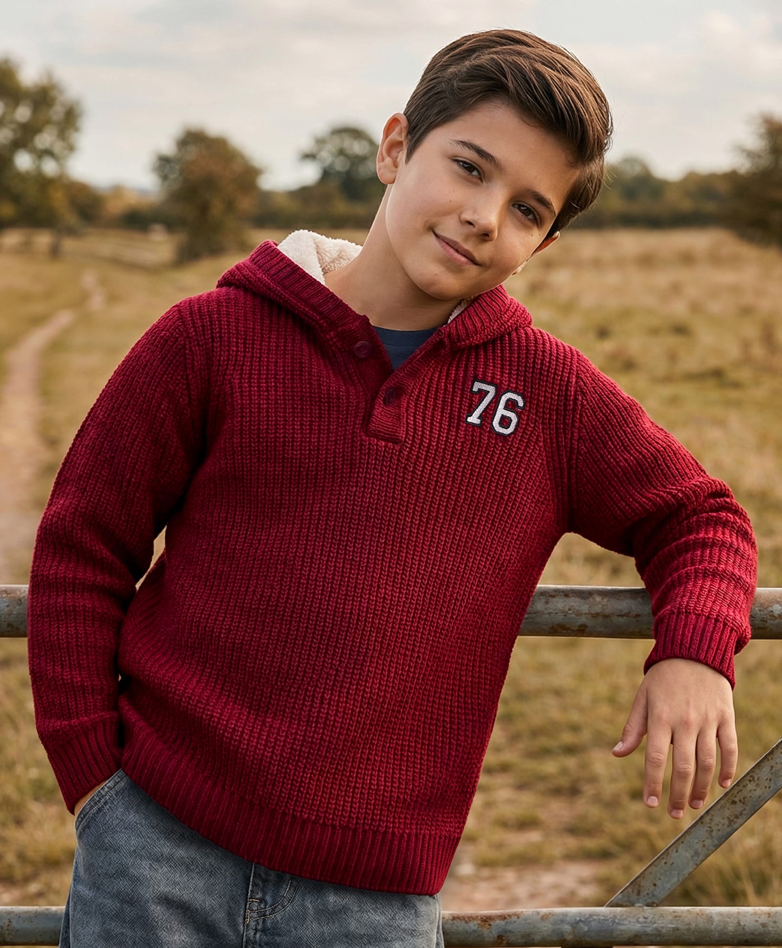 Pine Kids Knit Full Sleeves Hooded Sweater with Number Patch - Dark Red-picture-39