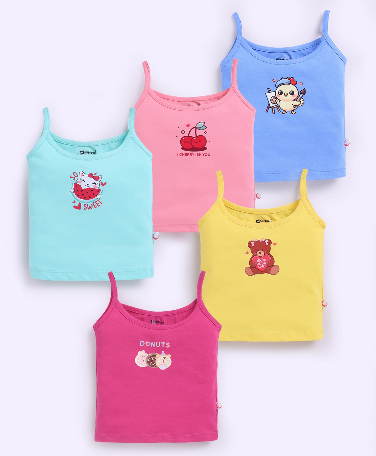 MOONKIDS 100% Cotton Knit Pack Of 5 Sleeveless Bird & Cherries Printed Camisoles - Pink Yellow & Blue-picture-29