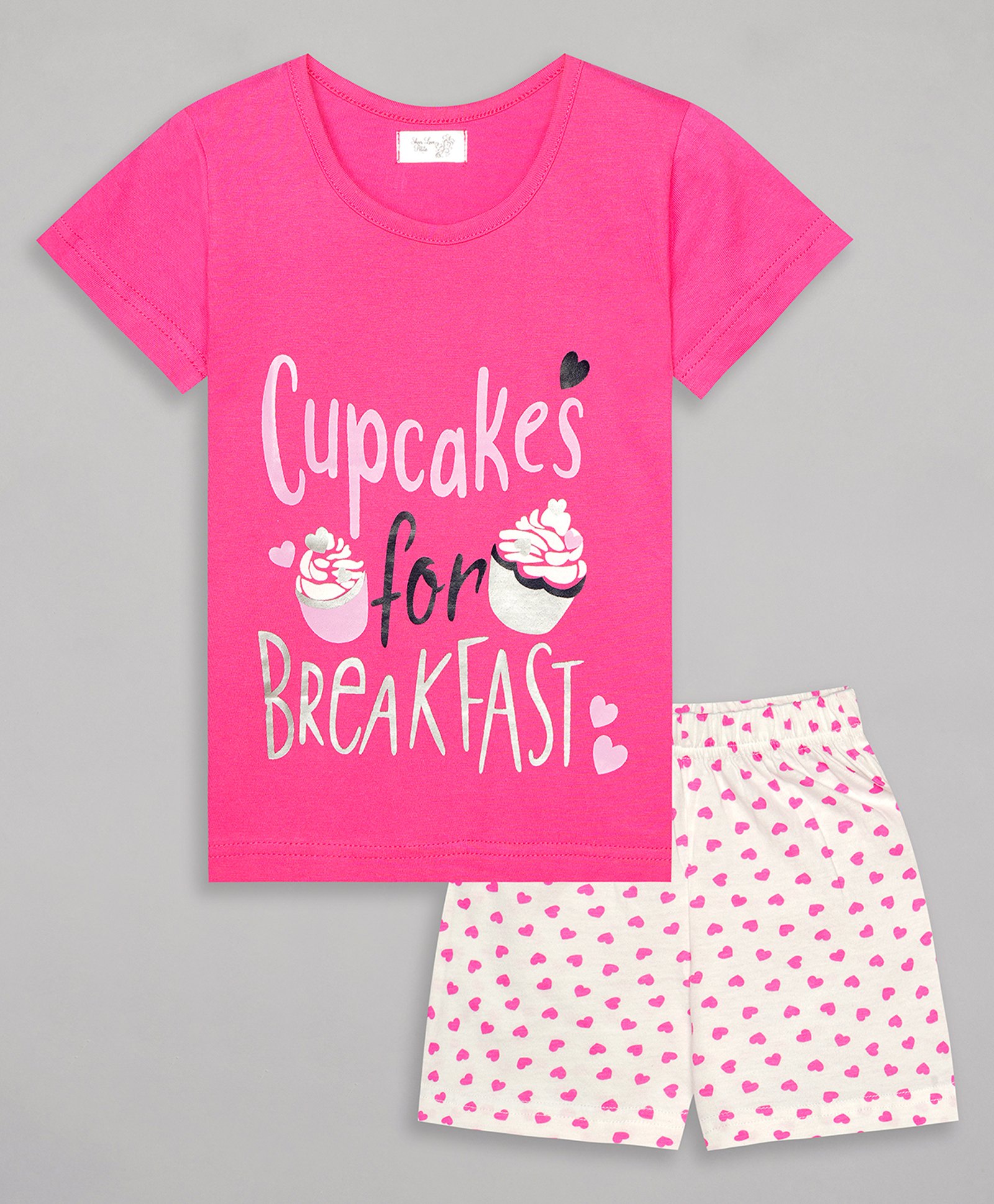 Sheer Love Cotton Jersey Half Sleeves Cupcakes For Breakfast Text & Hearts Printed Night Suit Set - Fuschia & Pink-picture-11