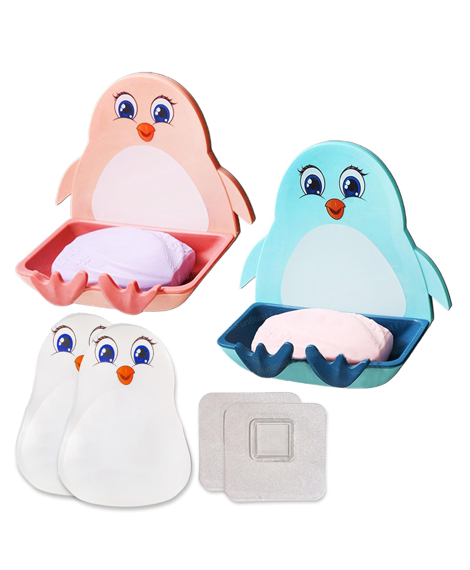 FunBlast Penguin Design Soap Case with Wall Mounted Stickers Set of 2 Blue Pink-image-1