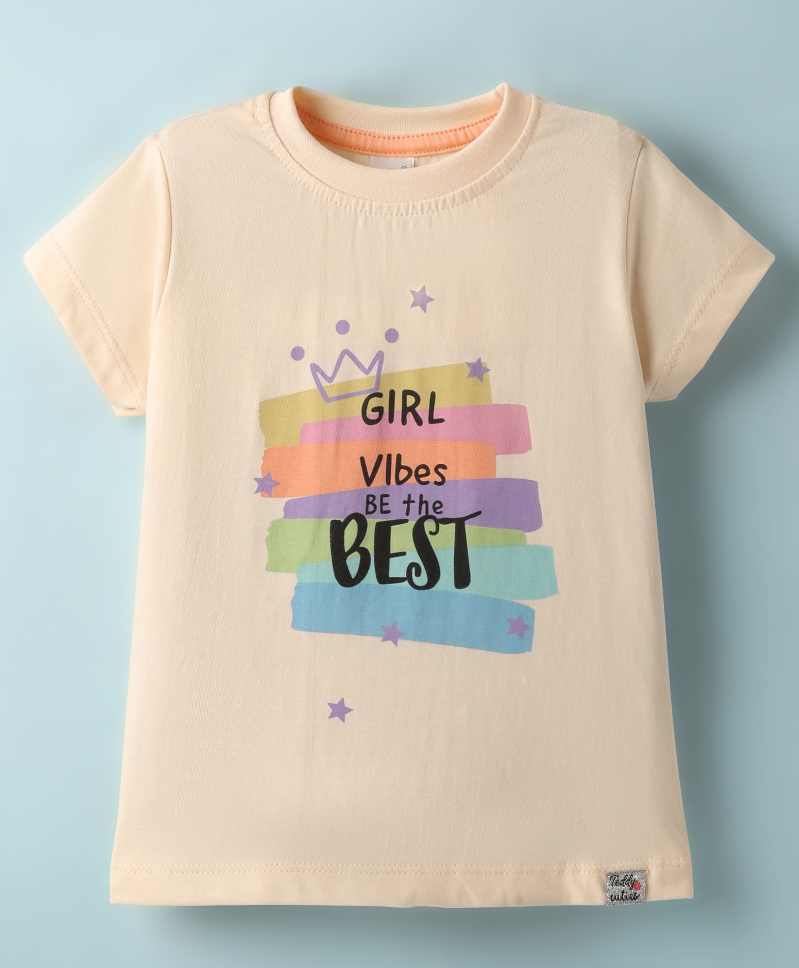Teddy Sinker Knit Half Sleeves Top With Girl Vibes The Best Text Print - Peach-image-42
