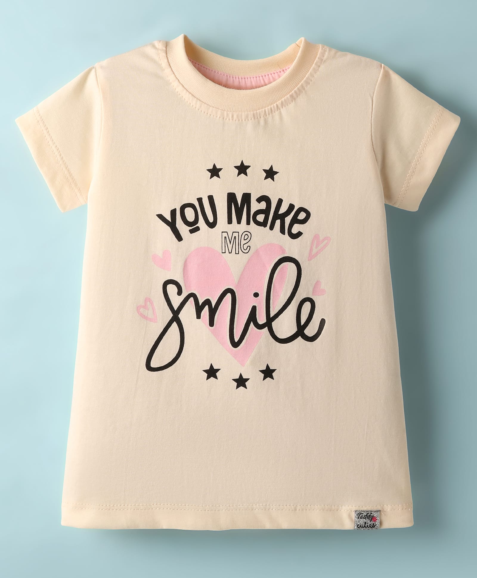 Teddy Sinker Knit Half Sleeves Top With You Make Me Smile Text Print - Light Peach-picture-44
