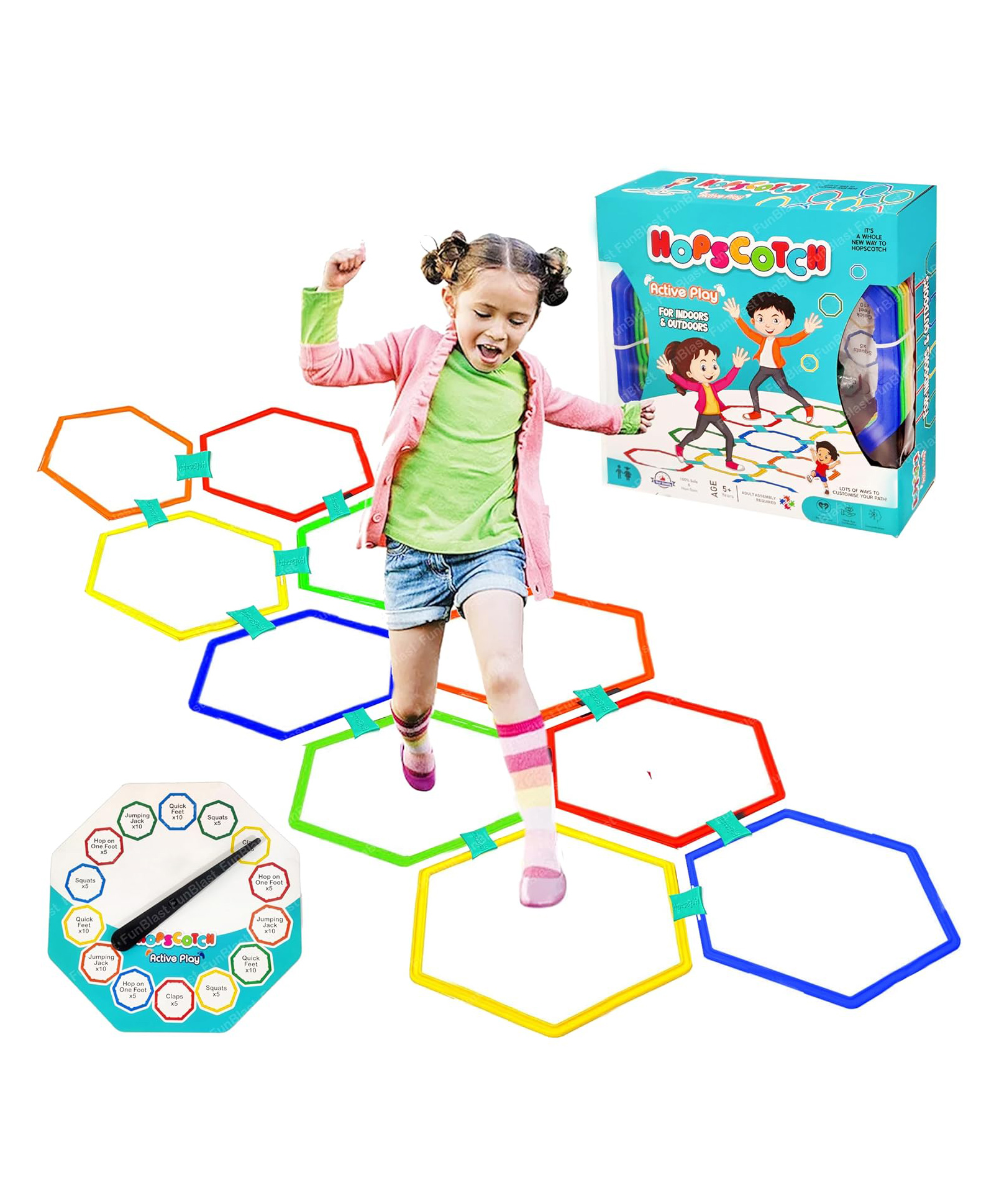 FunBlast Hopscotch Game with 10 Rings and 12 Clips, 1 Spinner Board for Kids-image-14