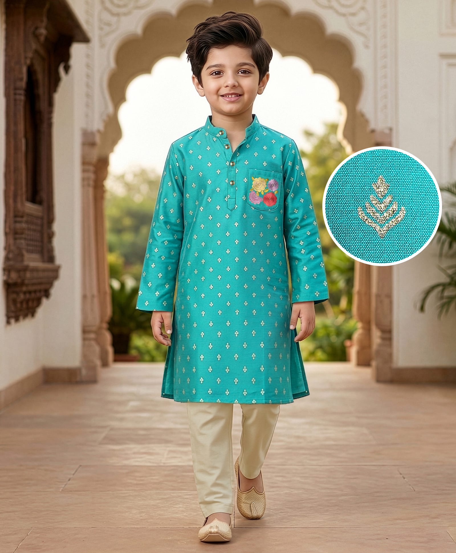 EARTHY TOUCH Cambric Woven Full Sleeves Printed Kurta Pajama Set with Floral Embroidery - Turquoise-image-16